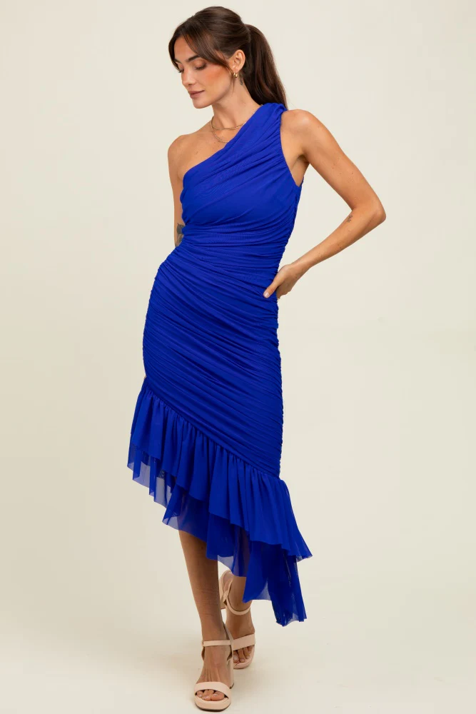 Royal Ruched Mesh One Shoulder Asymmetric Maternity Dress - Image 5