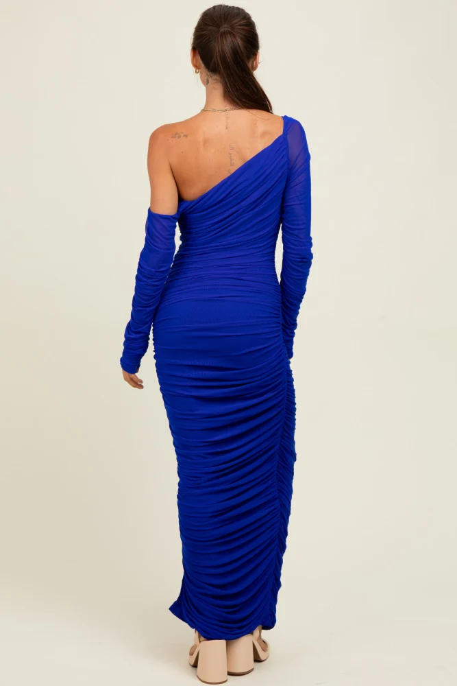 Royal Ruched Mesh One Shoulder Long Sleeve Maxi Dress - Image 4