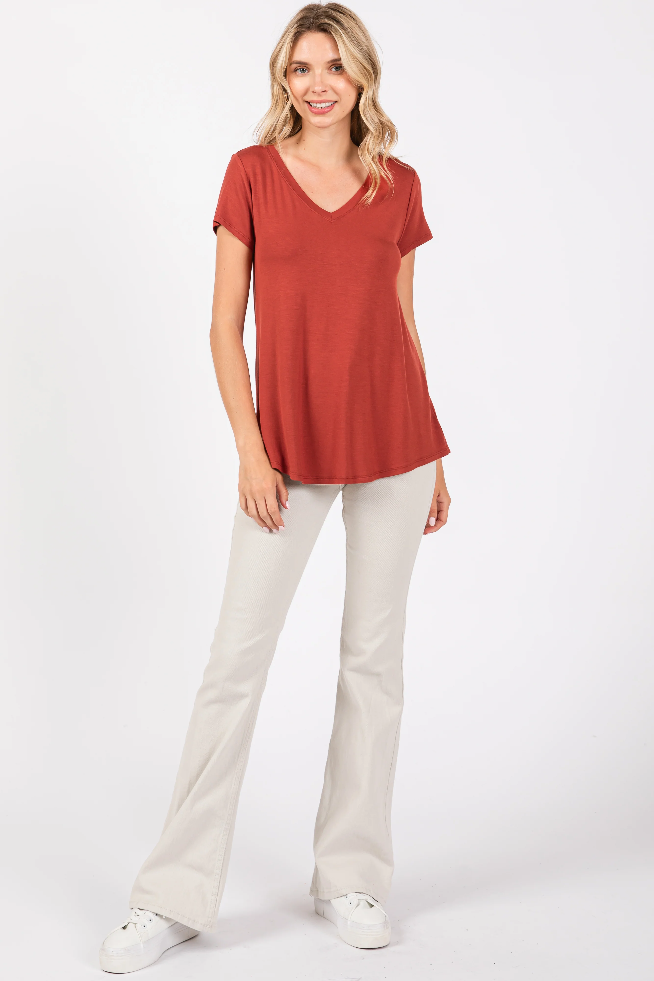 Rust Basic V-Neck Short Sleeve Top - Image 4