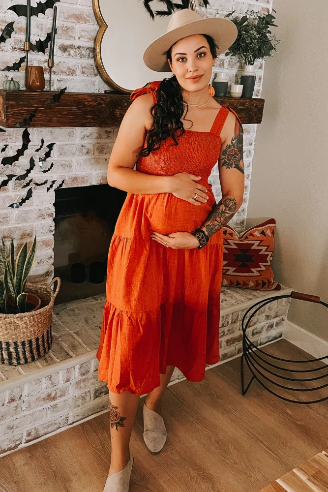 Rust Bow Strap Tiered Maternity Midi Dress - Image 10