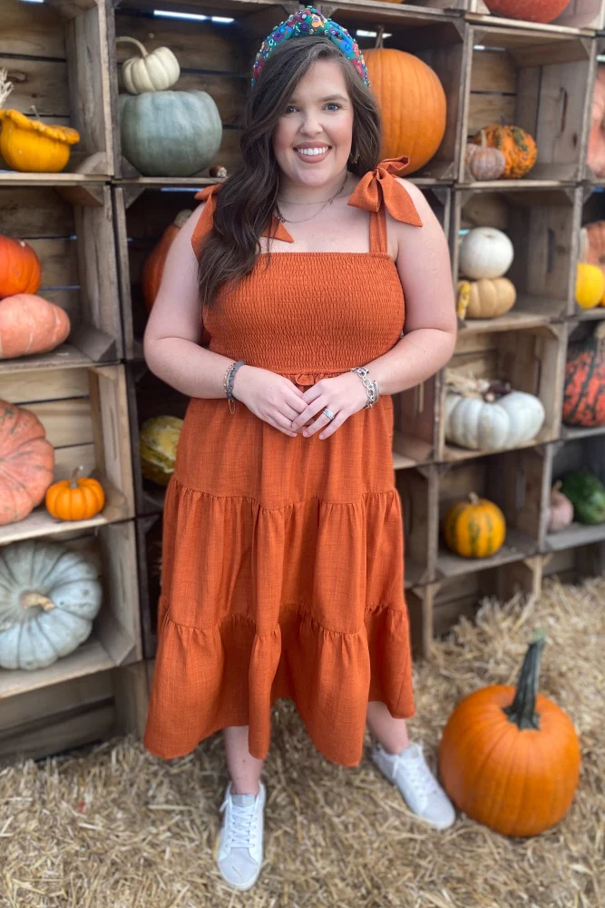 Rust Bow Strap Tiered Midi Dress - Image 6