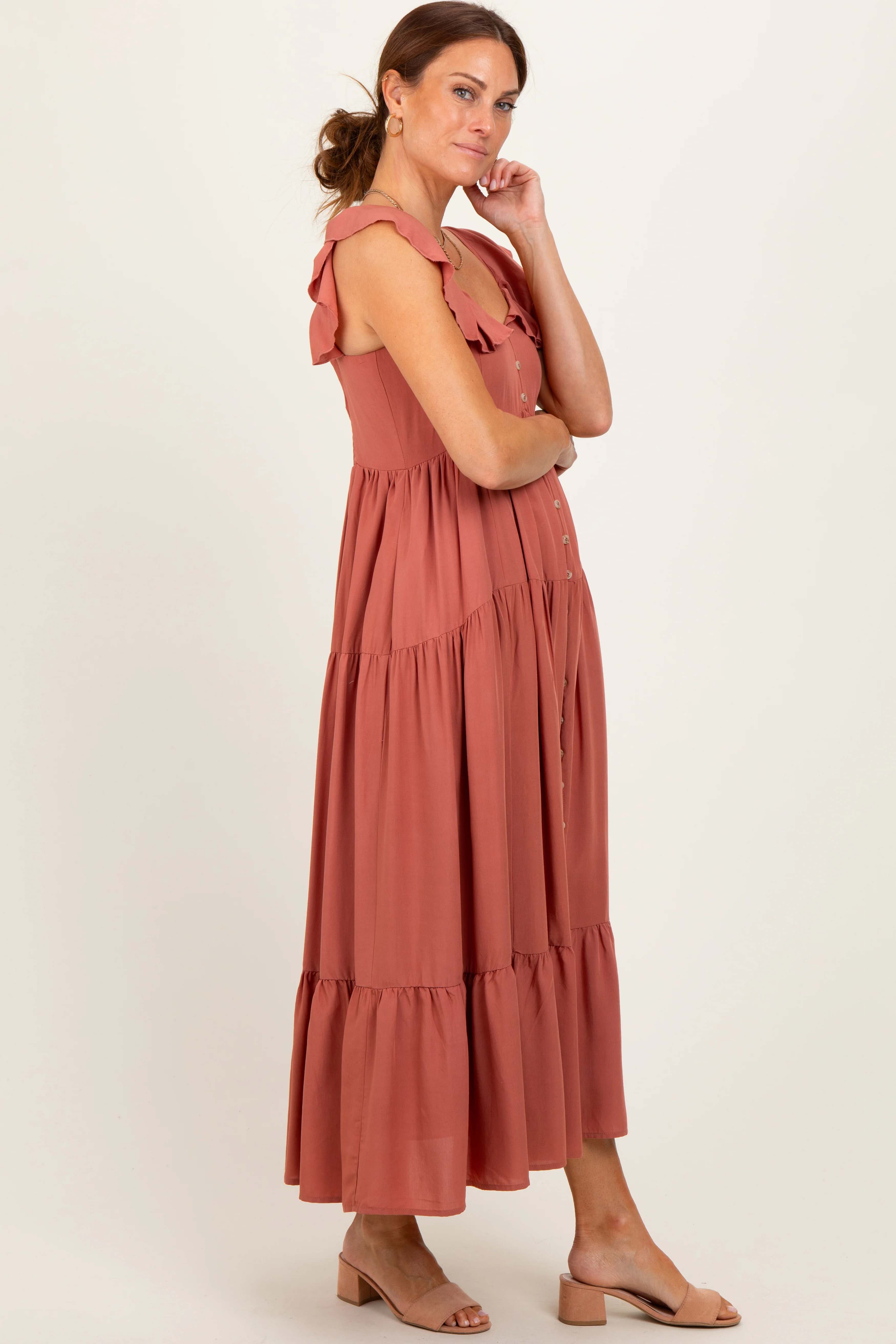 Rust Button Front Ruffle Square Neck Midi Dress - Image 3