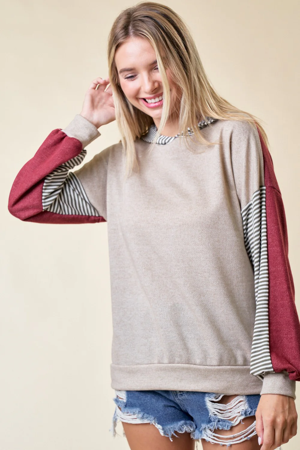 Rust Colorblock Stripe Pullover Hoodie - Image 2
