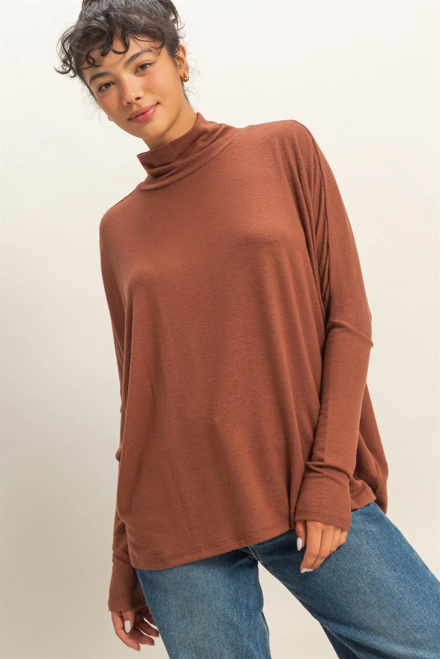 Rust Draped Oversized Turtleneck Dolman Sleeve Maternity Top - Image 4