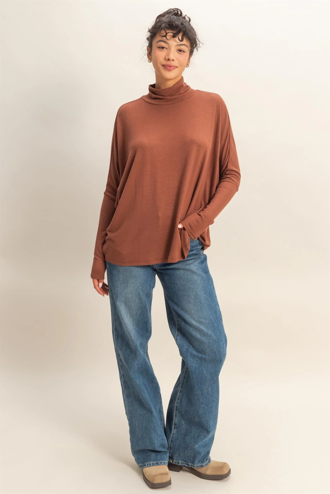 Rust Draped Oversized Turtleneck Dolman Sleeve Top - Image 4