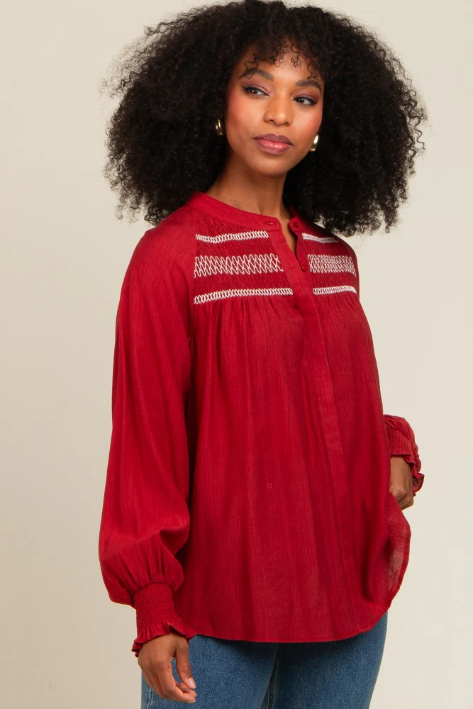 Rust Embroidered Smocked Blouse - Image 6