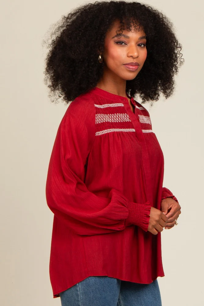 Rust Embroidered Smocked Blouse - Image 7