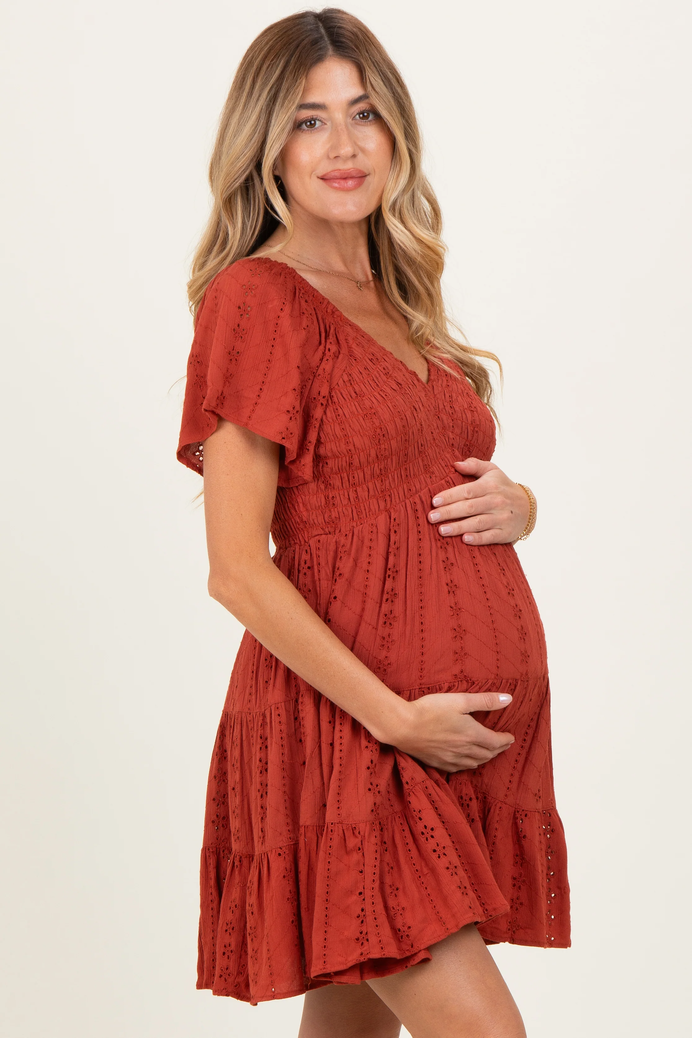 Rust Eyelet Embroidered V Neck Smocked Bodice Maternity Dress - Image 3