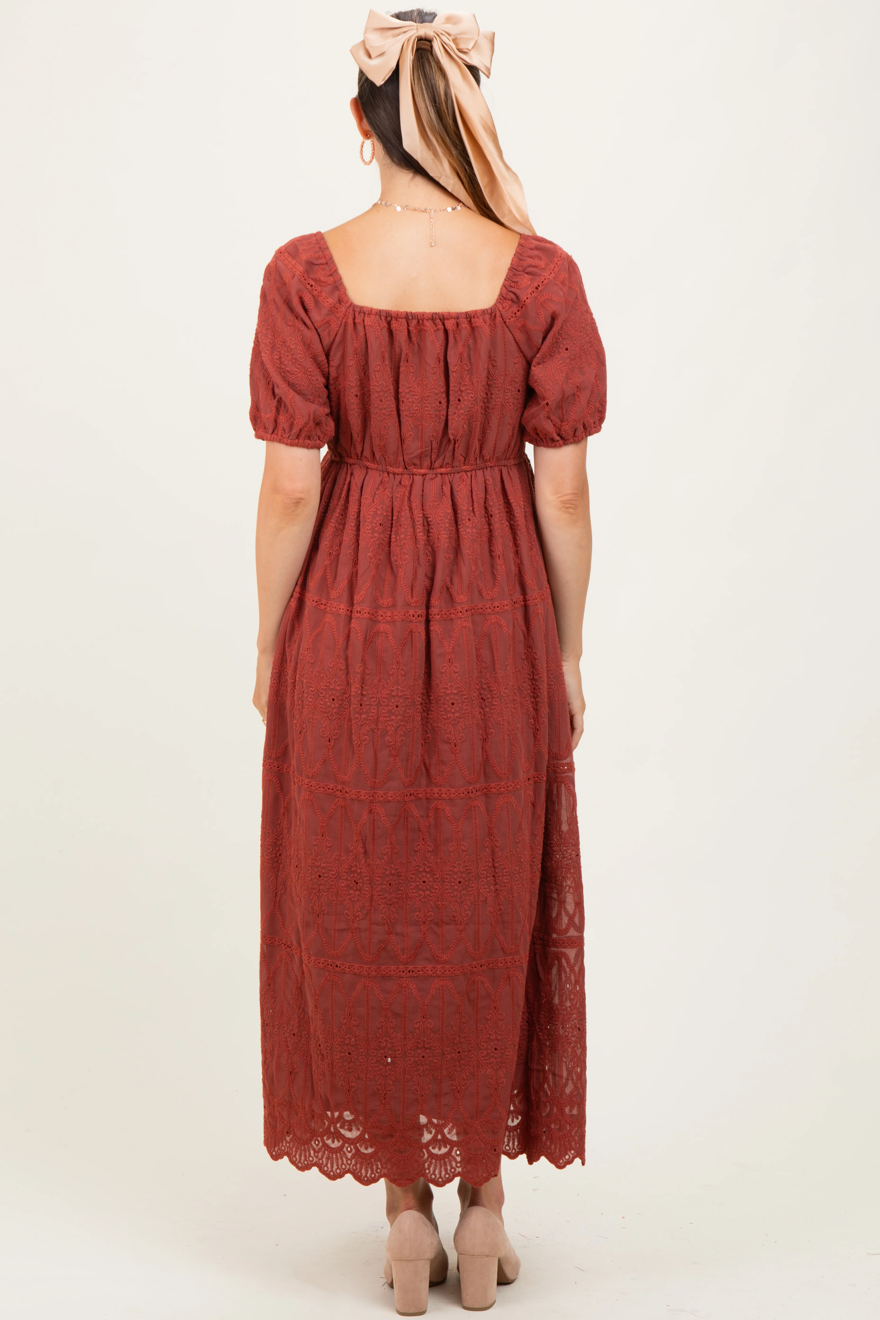 Rust Floral Embroidered Chiffon Maternity Midi Dress - Image 4