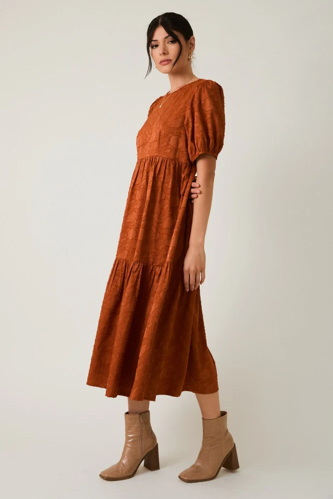 Rust Floral Jacquard Tie Detail Midi Dress - Image 3
