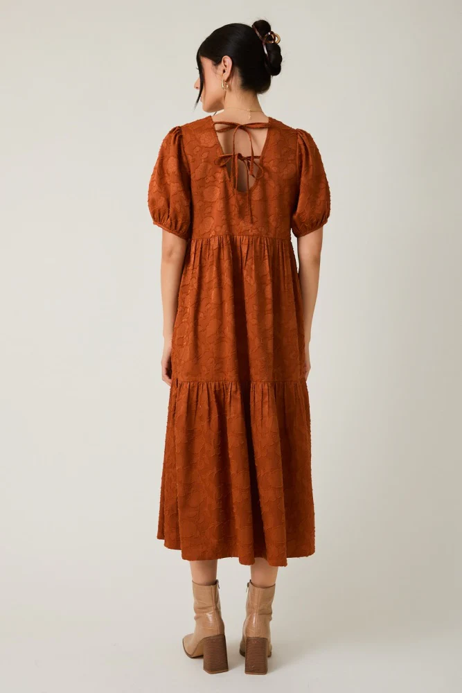 Rust Floral Jacquard Tie Detail Midi Dress - Image 4