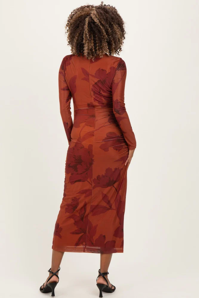 Rust Floral Mesh Ruched Long Sleeve Maternity Midi Dress - Image 4