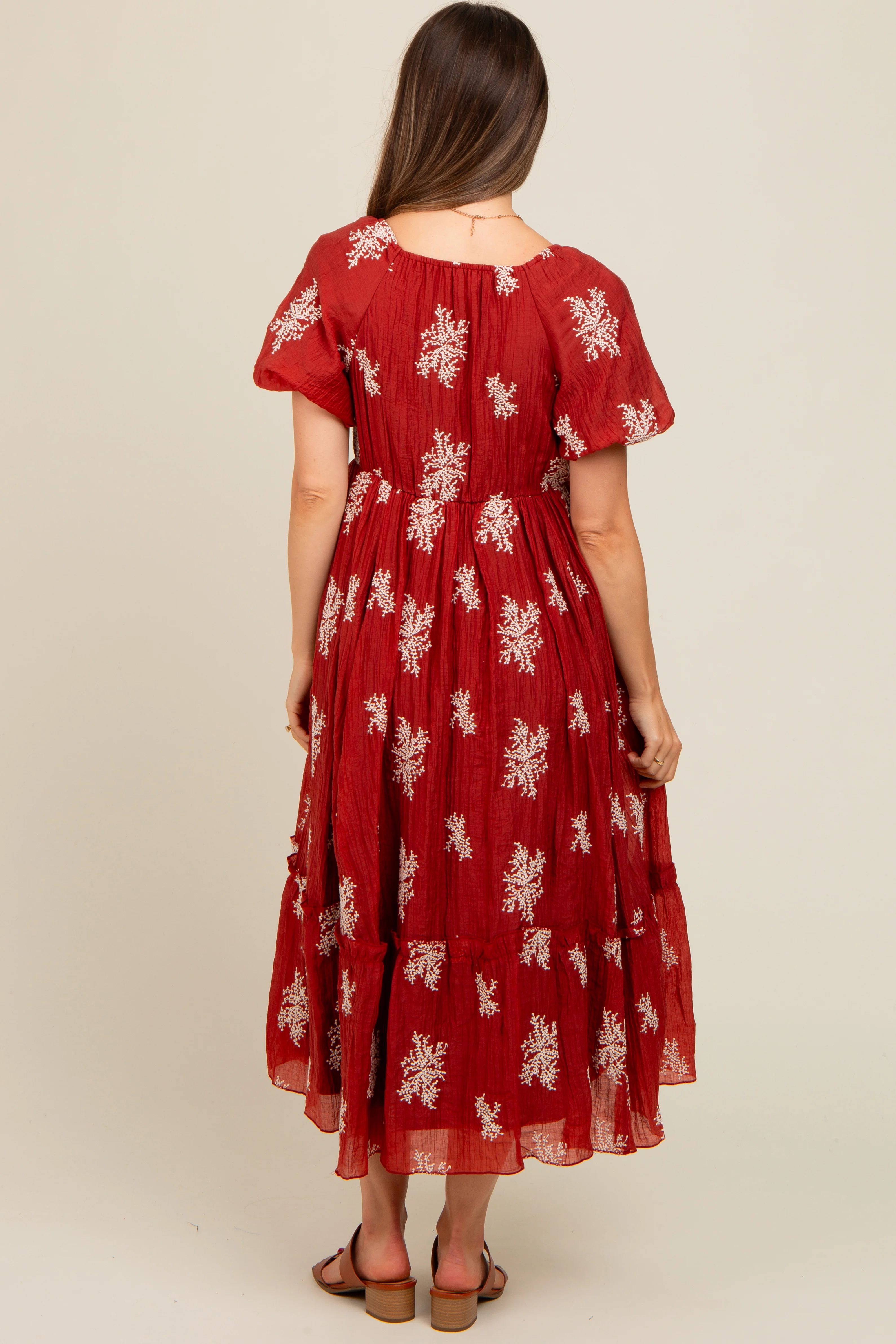 Rust Floral Print Ruffle Hem Maternity Midi Dress - Image 2