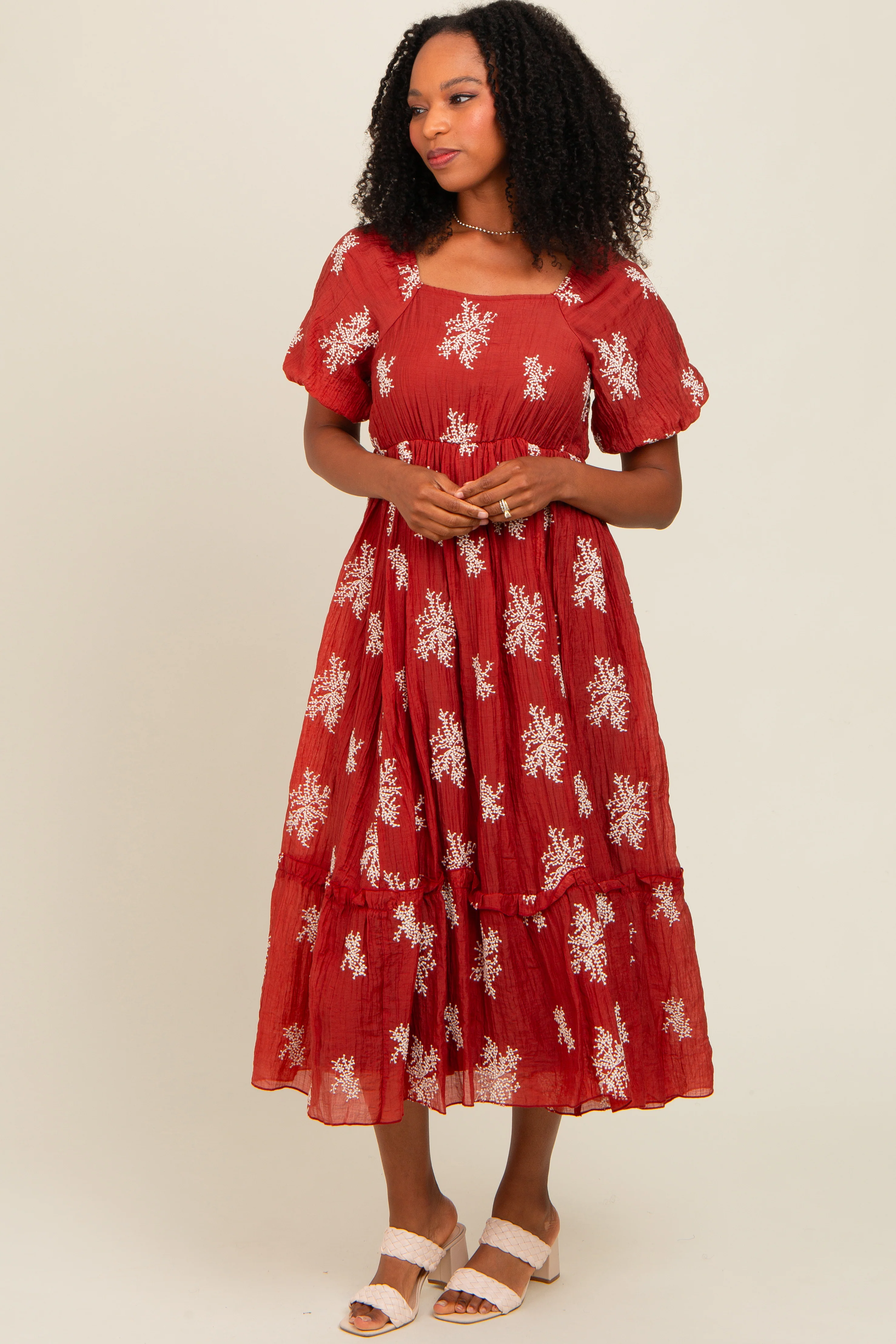 Rust Floral Print Ruffle Hem Maternity Midi Dress - Image 3
