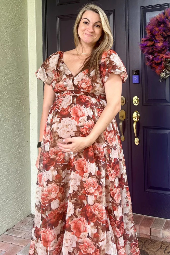 Rust Floral Puff Sleeve Maternity Maxi Dress - Image 5