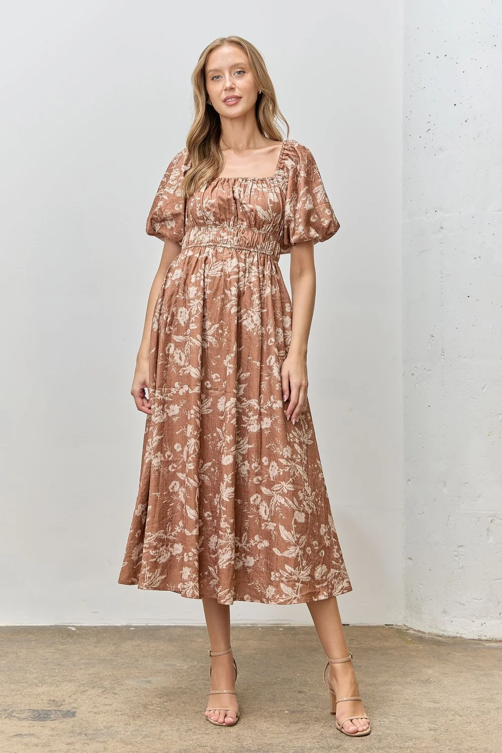 Rust Floral Puff Sleeve Smocked Waist Maternity Midi Dress - Image 4