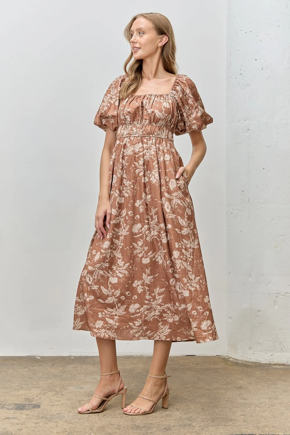 Rust Floral Puff Sleeve Smocked Waist Midi Dress - Image 2
