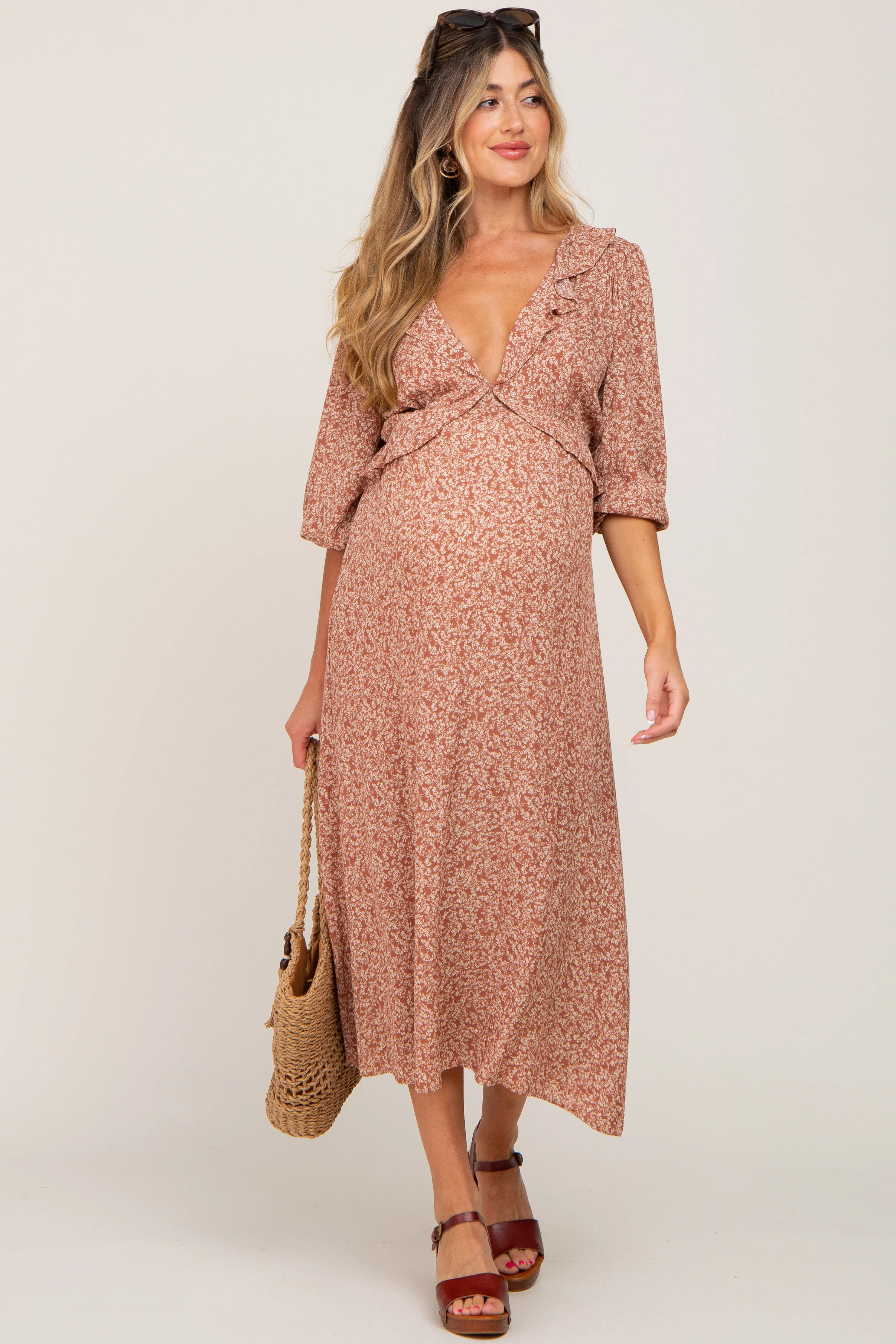 Rust Floral Ruffle V-Neck Maternity Midi Dress - Image 4