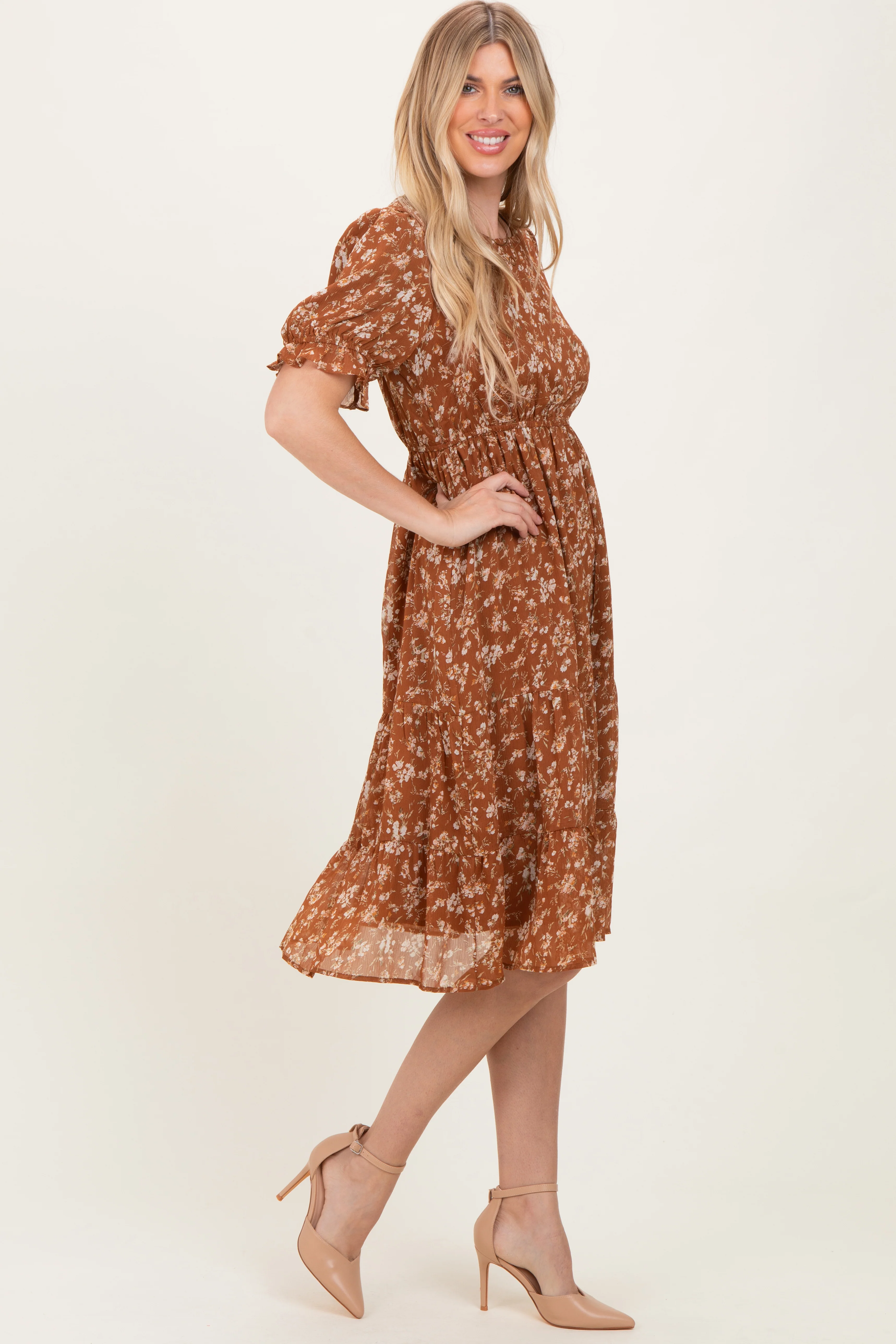 Rust Floral Short Sleeve Tiered Midi Dress - Image 2