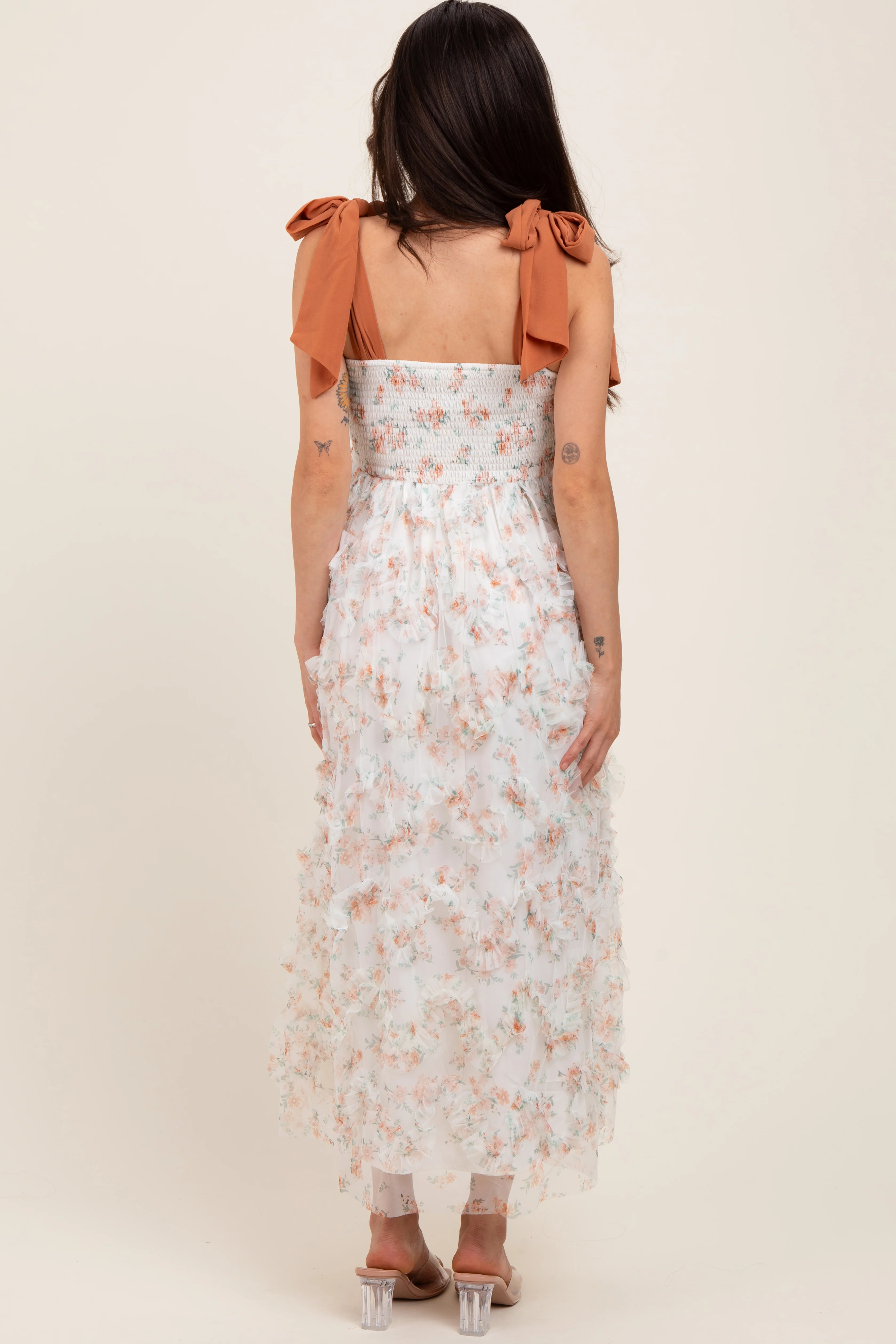 Rust Floral Smocked Shoulder Tie Ruffled Maternity Midi Dress - Image 4