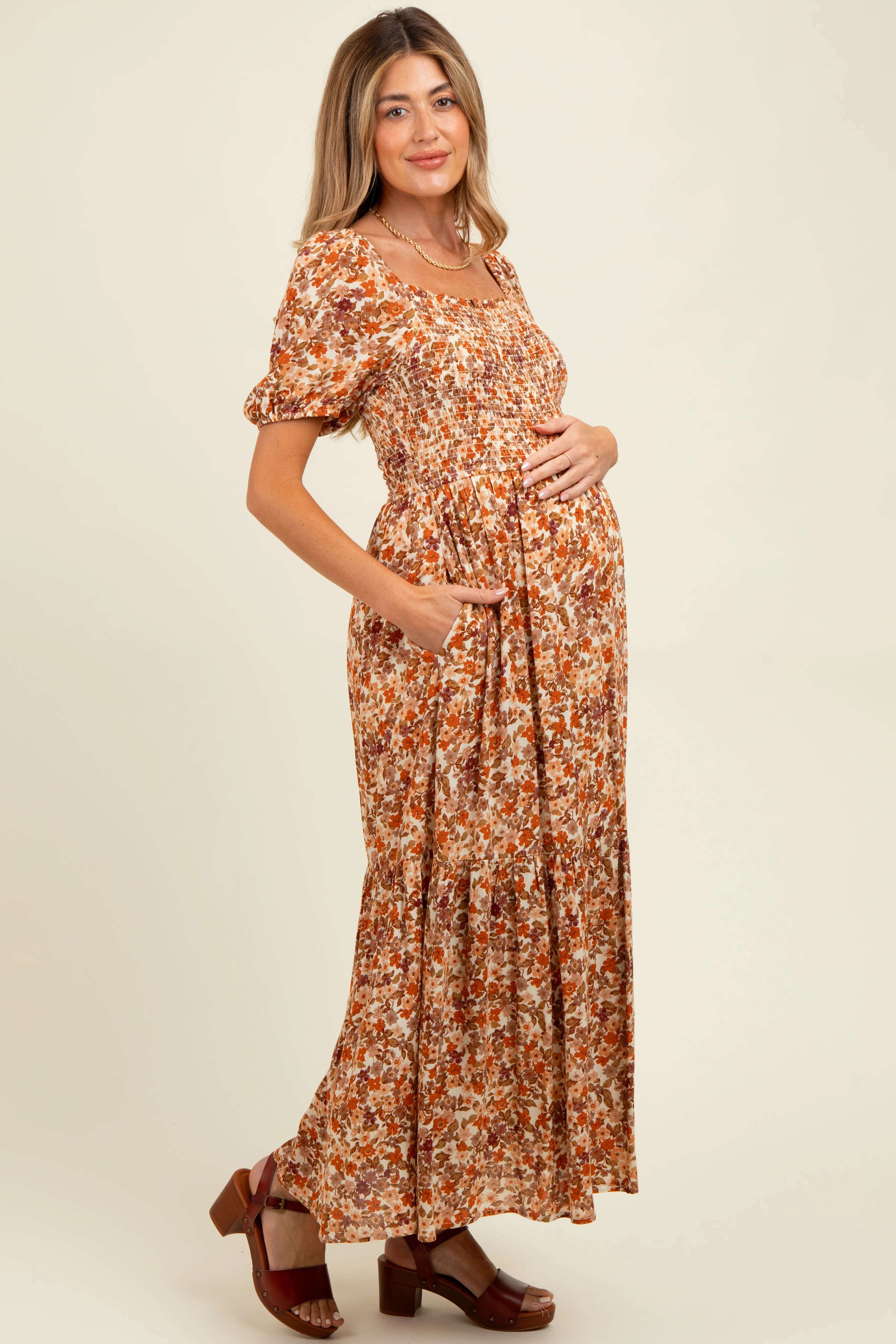 Rust Floral Smocked Tiered Maternity Midi Dress - Image 3