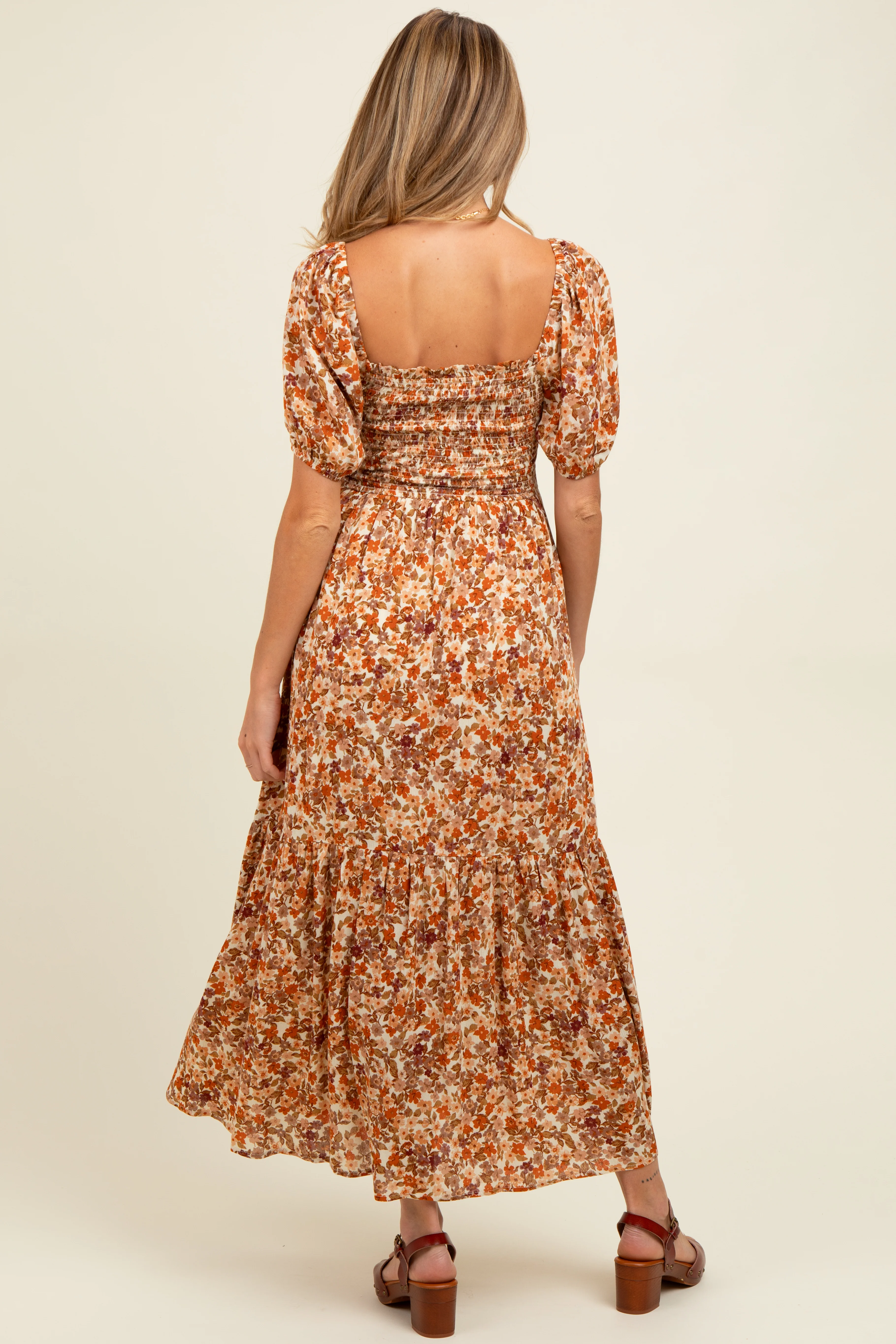 Rust Floral Smocked Tiered Maternity Midi Dress - Image 4