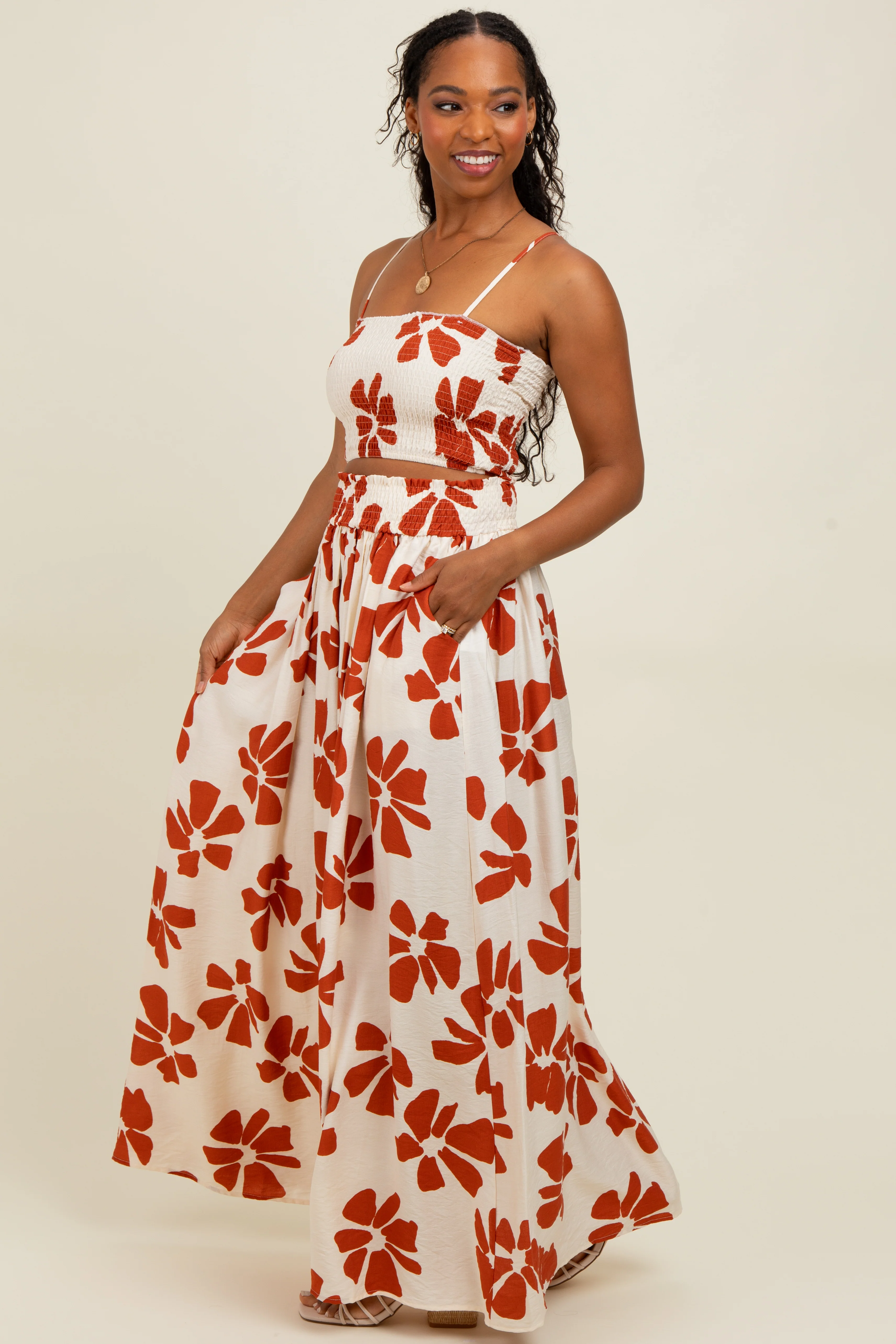 Rust Floral Smocked Top With Maxi Skirt Set - Image 4