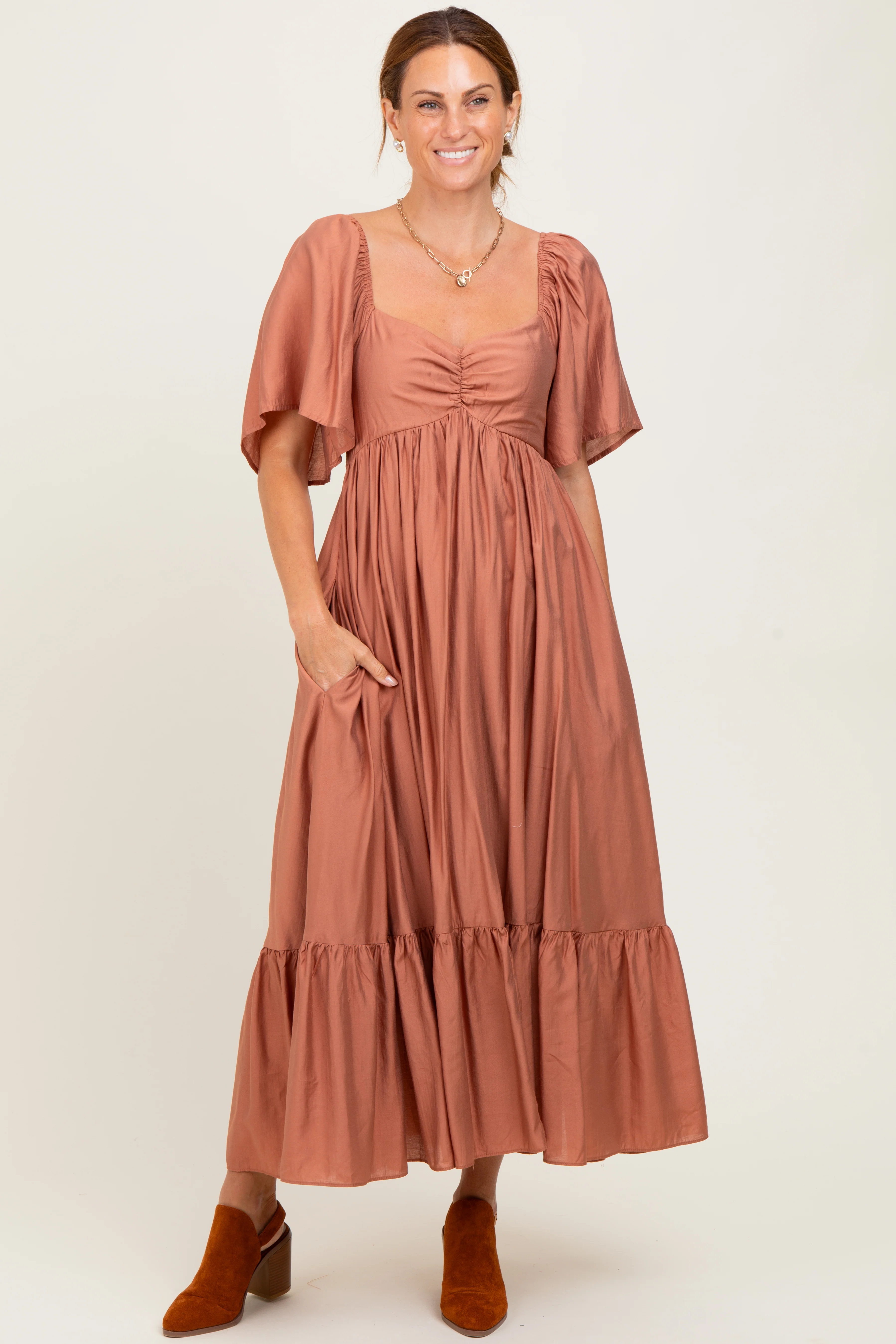 Rust Flutter Sleeve Ruffle Hem Maternity Midi Dress - Image 5