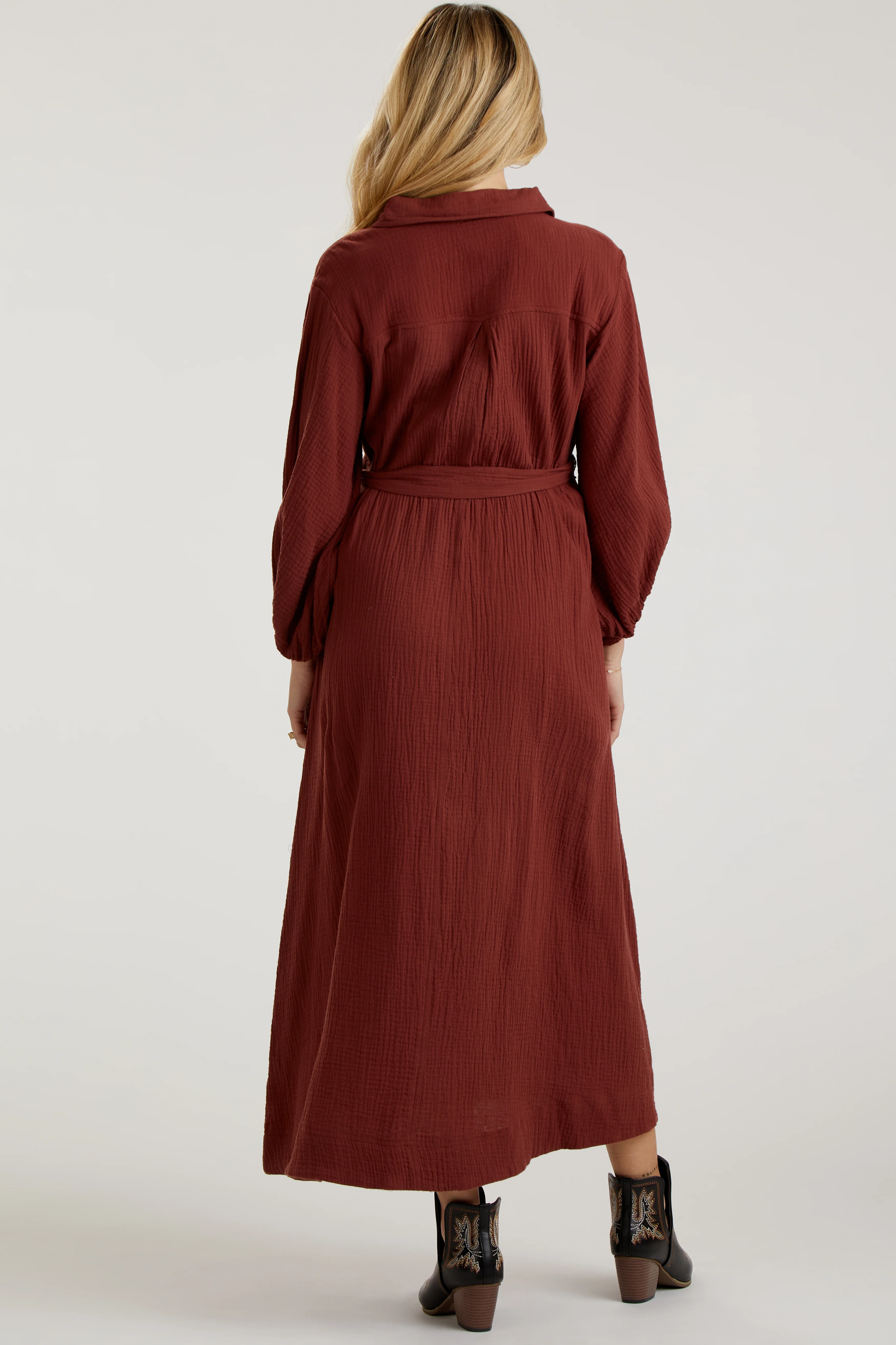 Rust Gauze Belted Shirt Maternity Midi Dress - Image 4