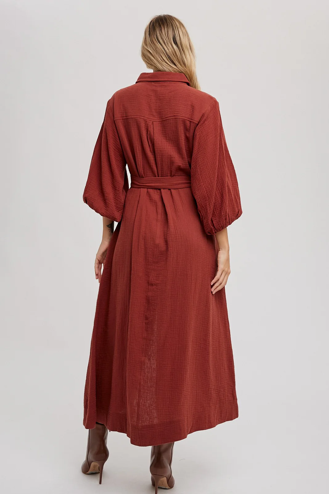 Rust Gauze Belted Shirt Midi Dress - Image 3
