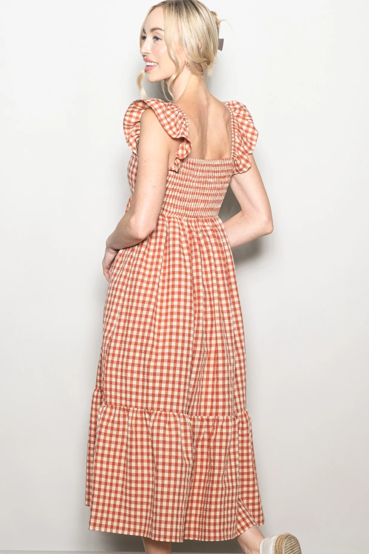 Rust Gingham Ruffle Strap Midi Dress - Image 3