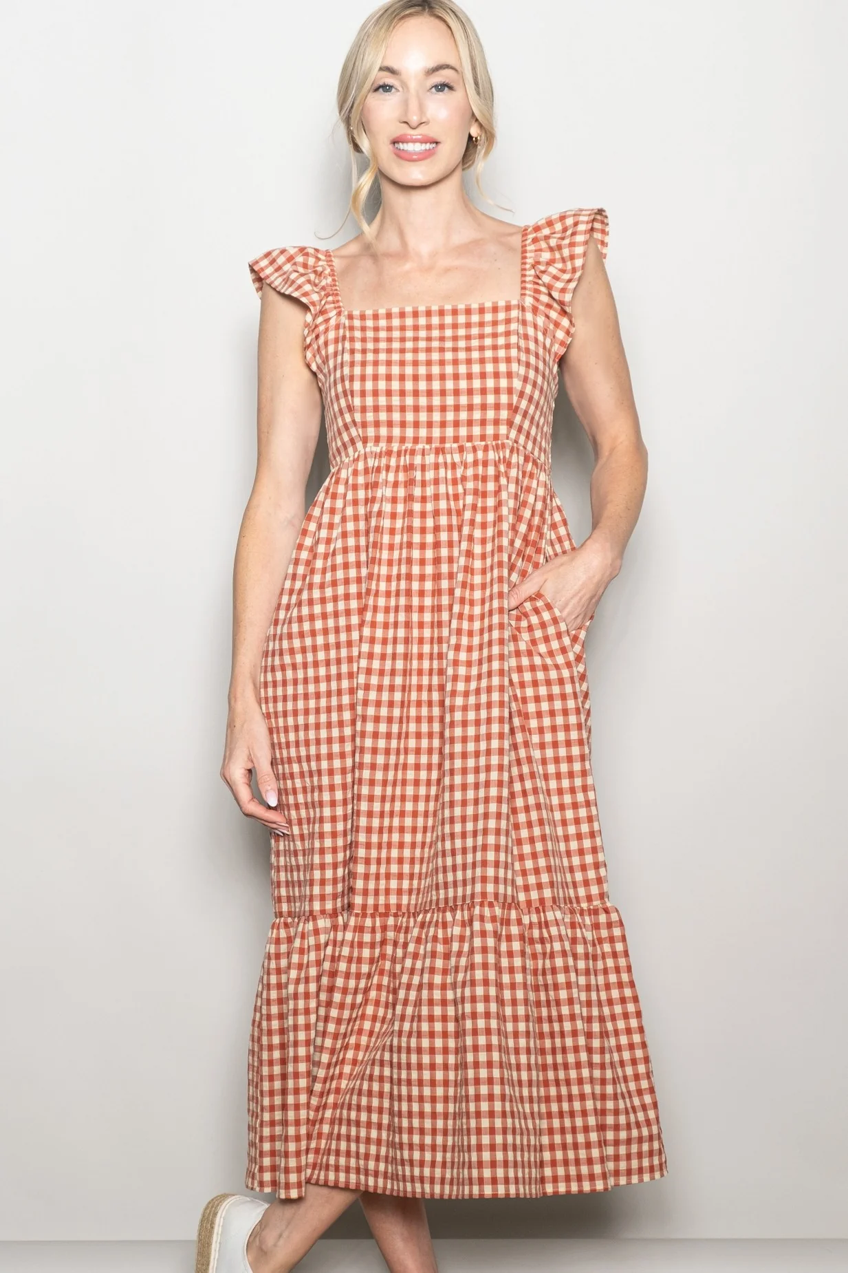 Rust Gingham Ruffle Strap Midi Dress - Image 4