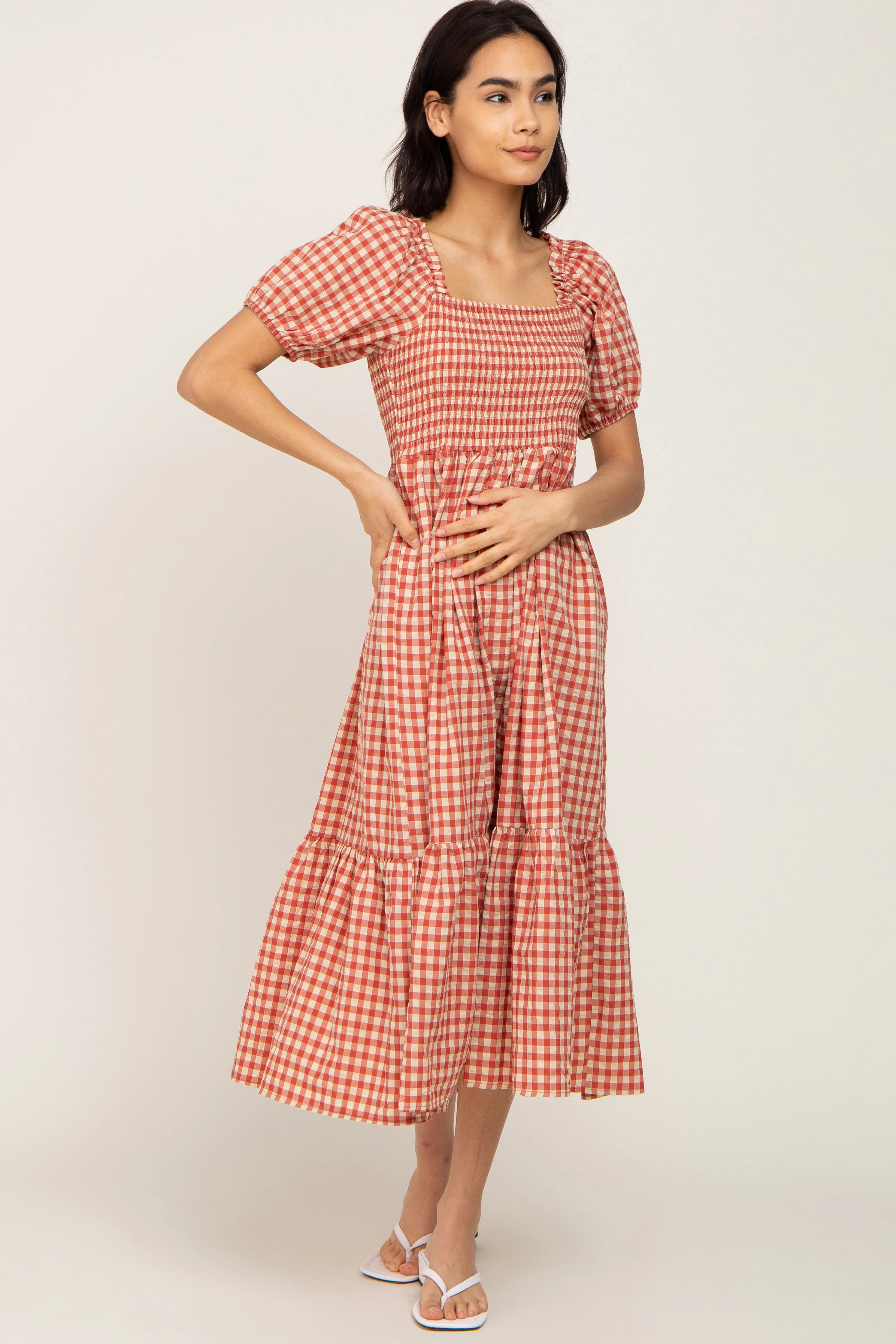 Rust Gingham Smocked Maternity Midi Dress - Image 10