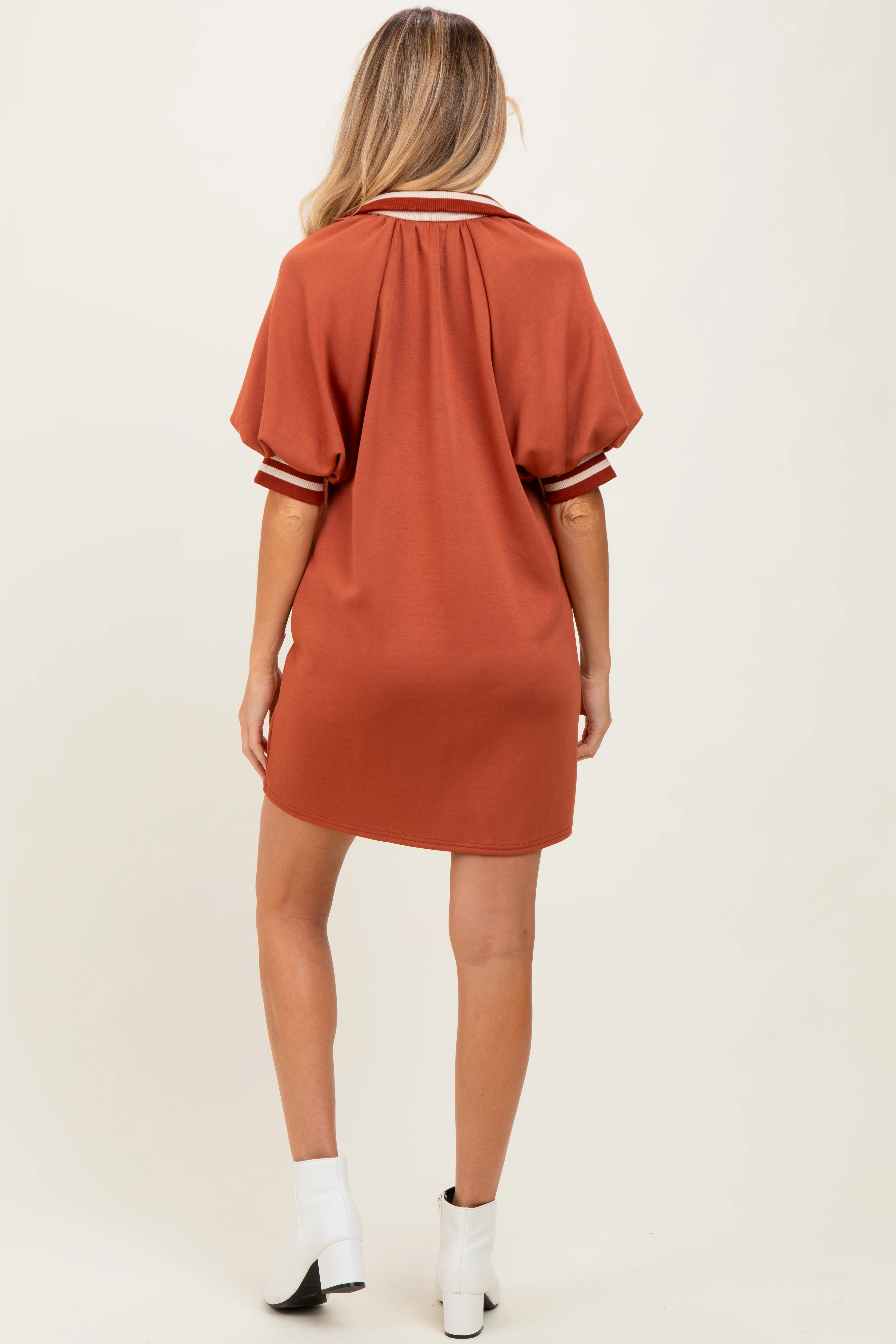 Rust Half Zip Puff Sleeve Maternity Mini Dress - Image 4