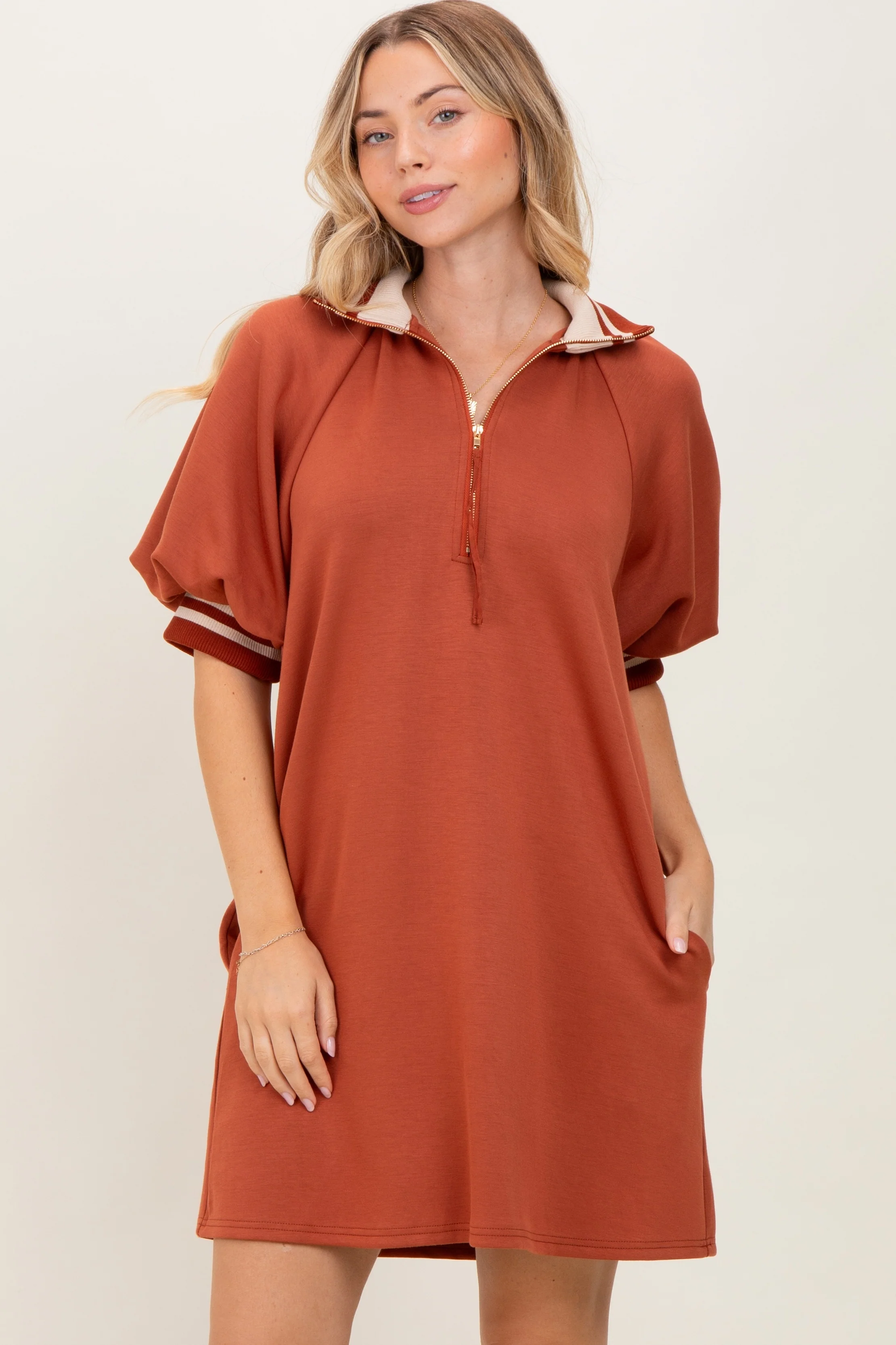 Rust Half Zip Puff Sleeve Maternity Mini Dress - Image 5