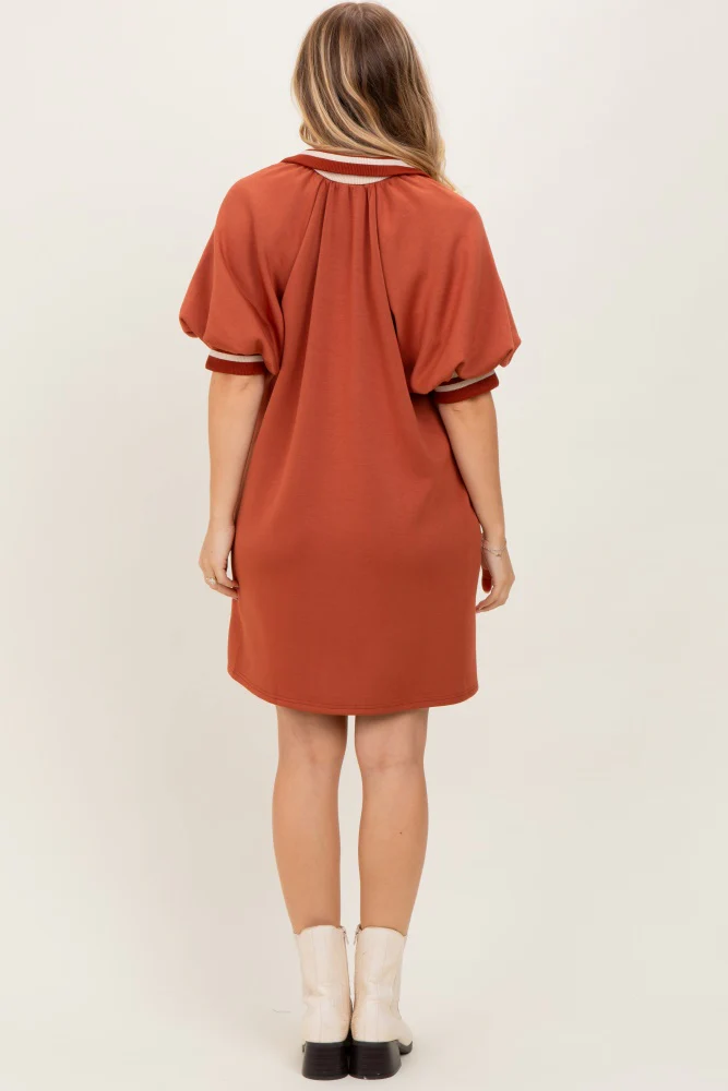 Rust Half Zip Puff Sleeve Mini Dress - Image 4