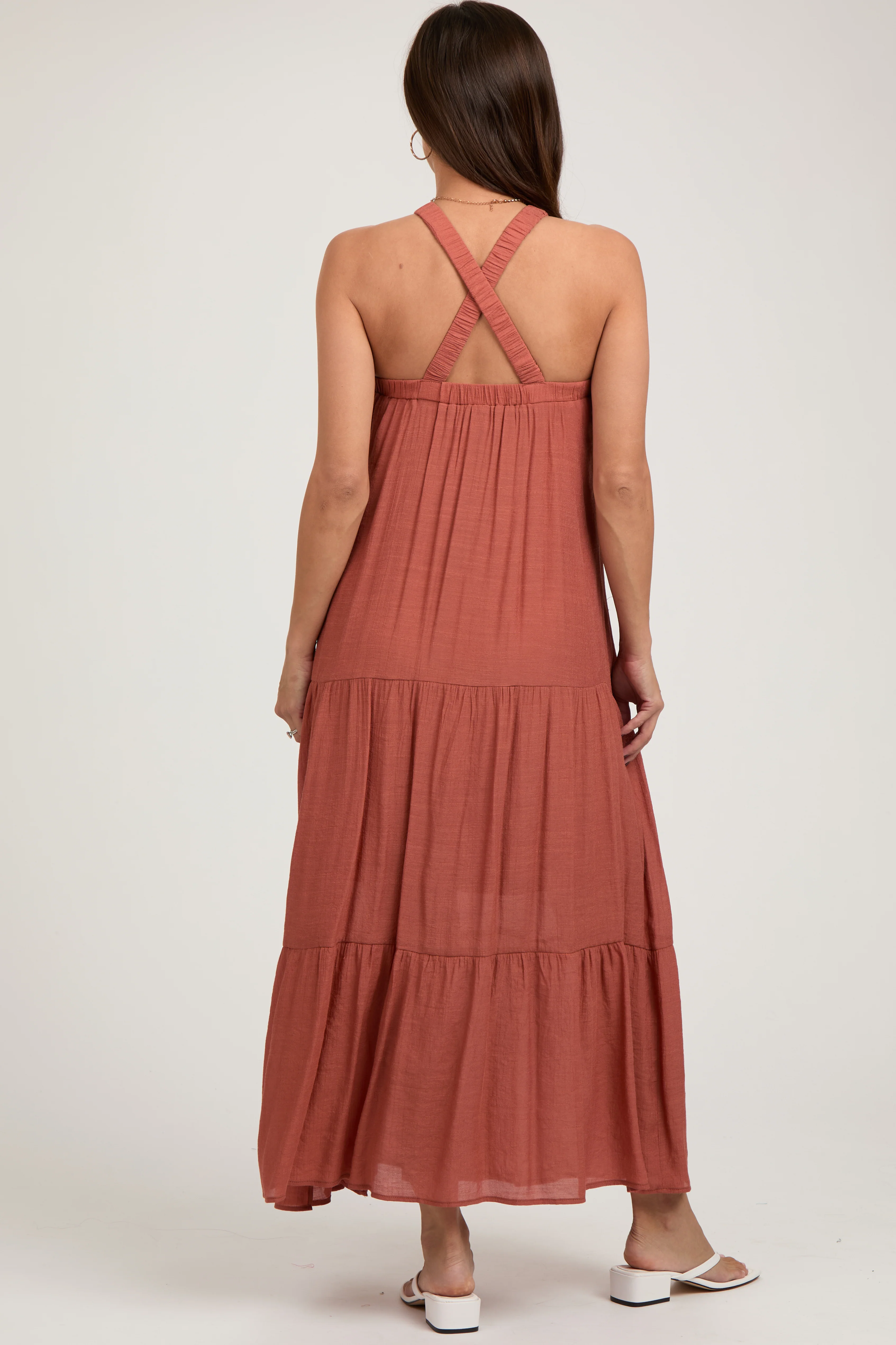 Rust Halter Tiered Maternity Maxi Dress - Image 4