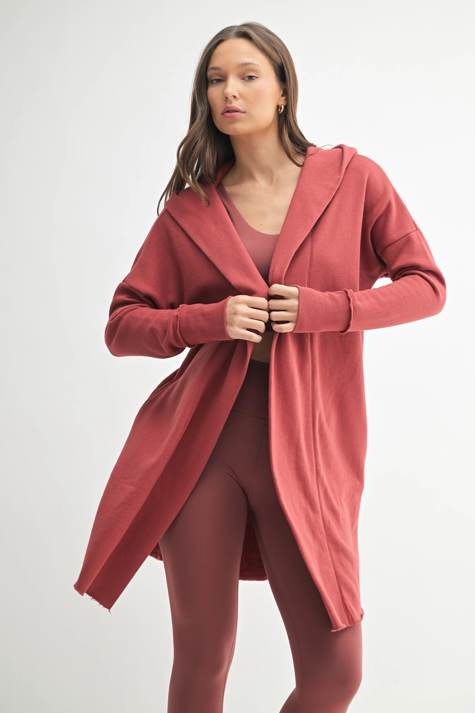 Rust Hooded Long Maternity Cardigan - Image 4
