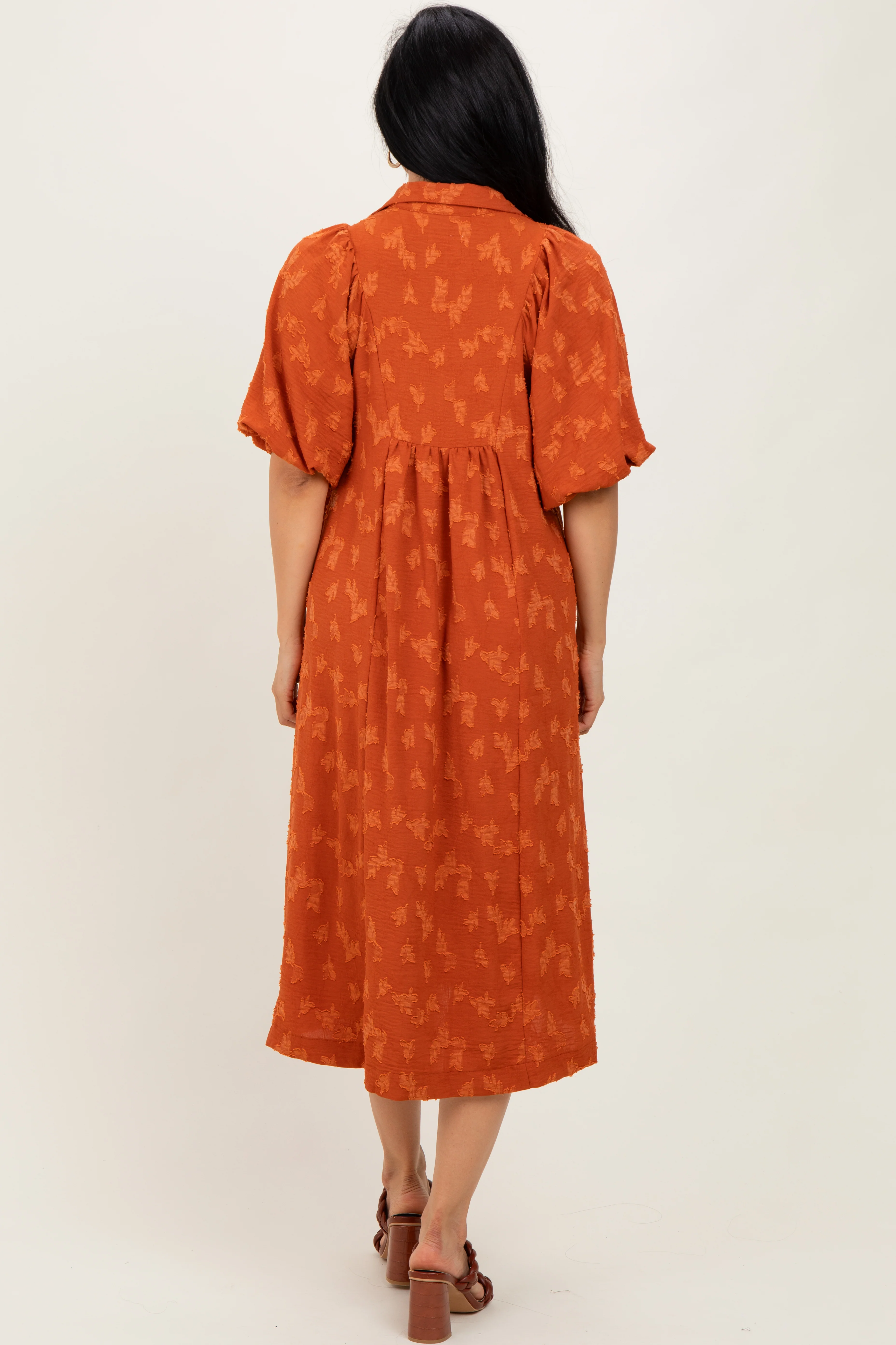 Rust Jacquard Texture V-Neck Midi Dress - Image 4