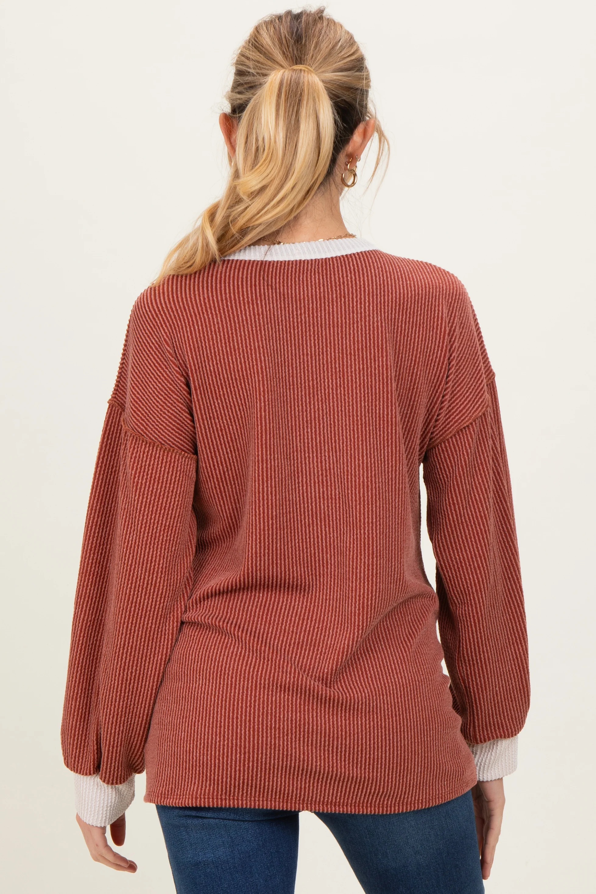 Rust Long Sleeve Contrast Button Detail Rib Maternity Top - Image 4