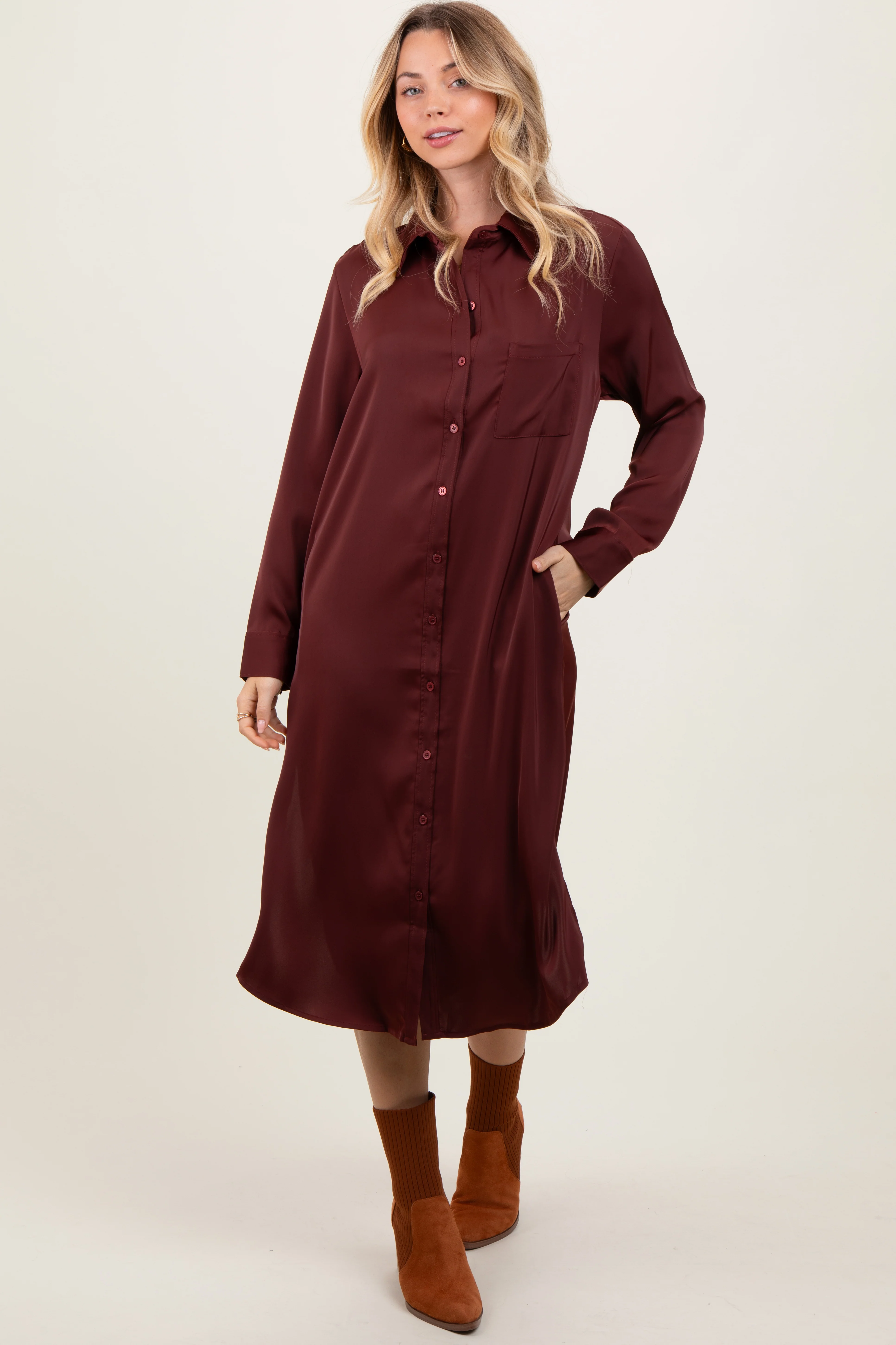 Rust Long Sleeve Midi Shirt Dress - Image 2