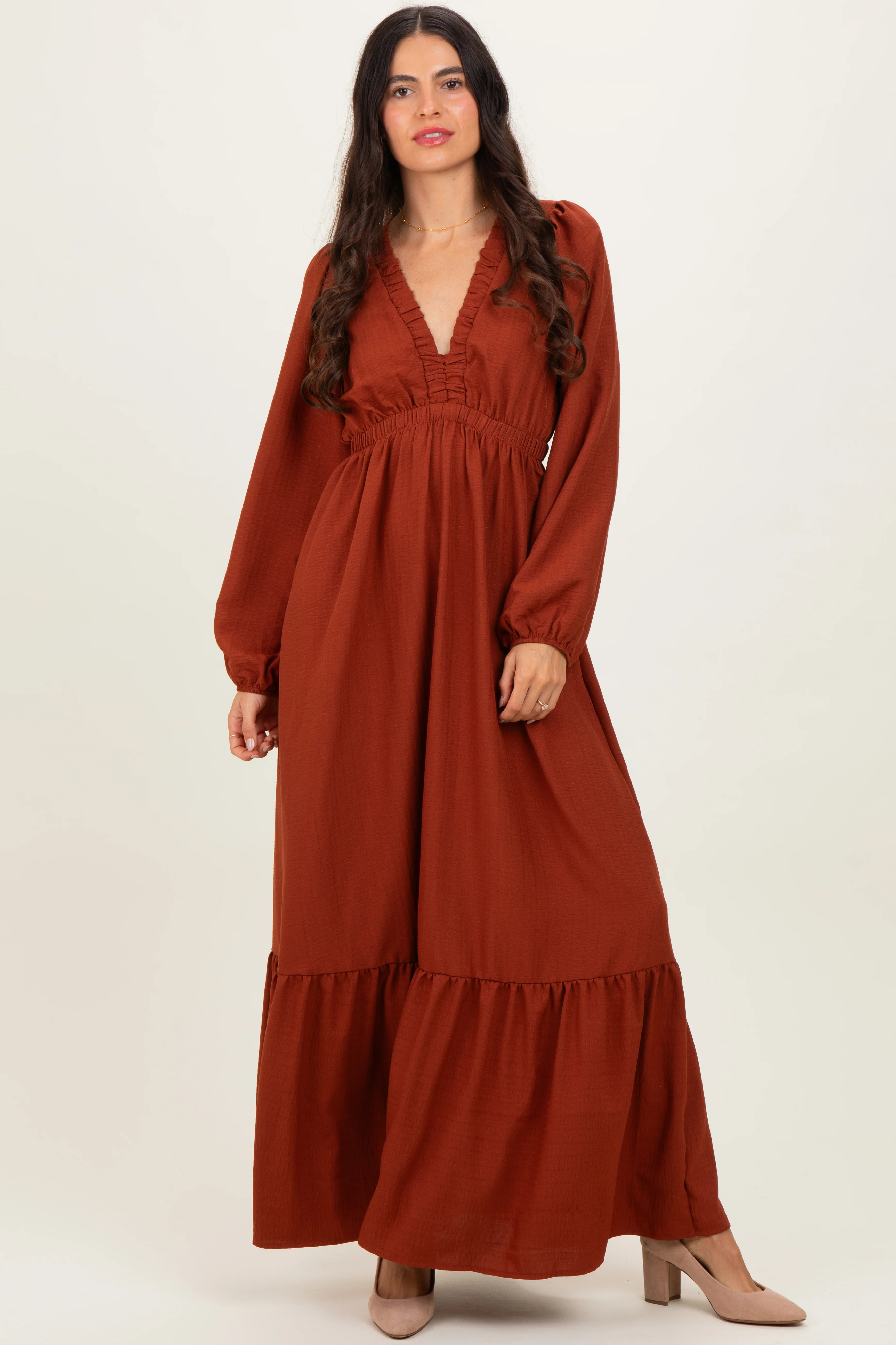 Rust Long Sleeve V-Neck Tiered Maternity Maxi Dress - Image 5