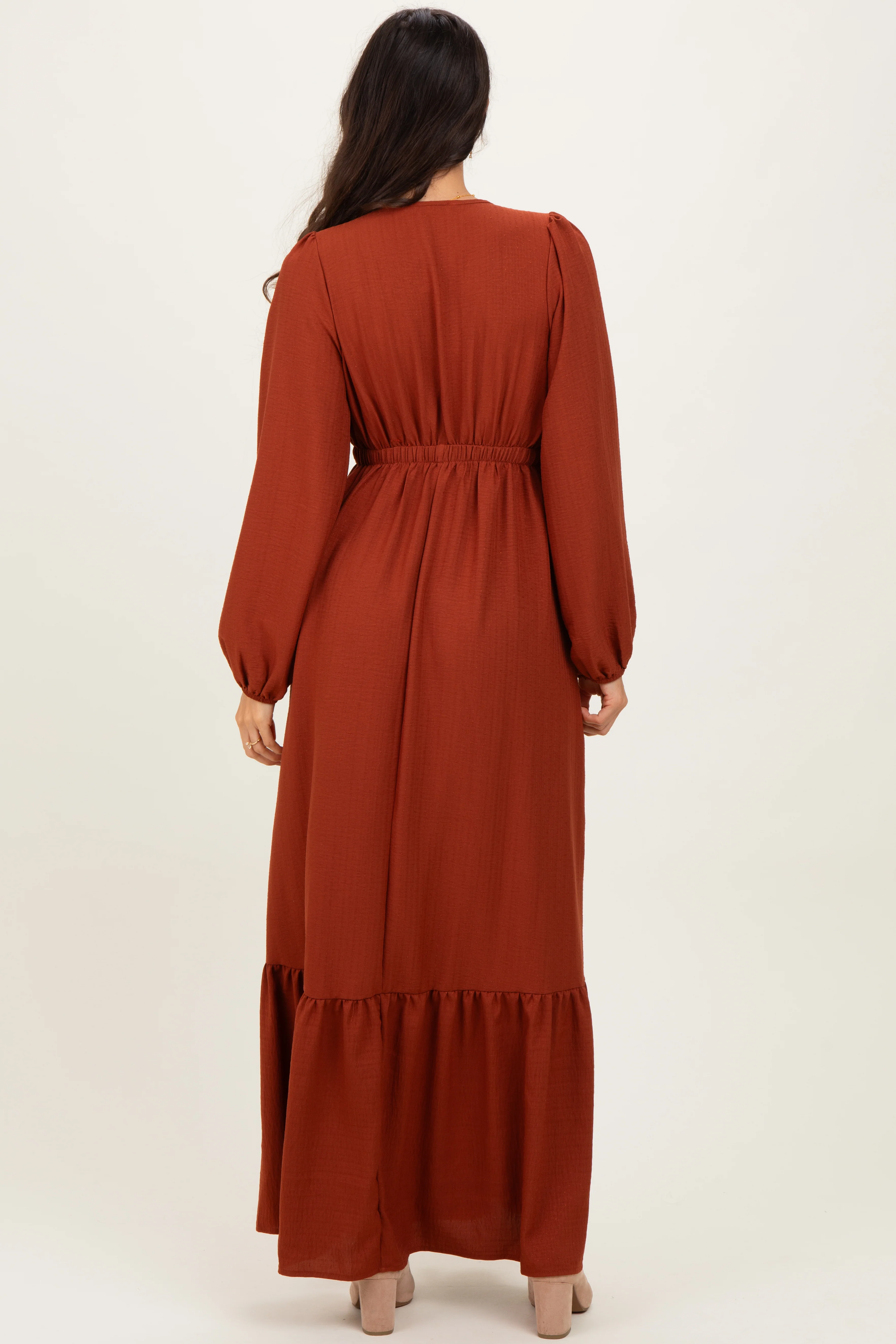 Rust Long Sleeve V-Neck Tiered Maxi Dress - Image 4