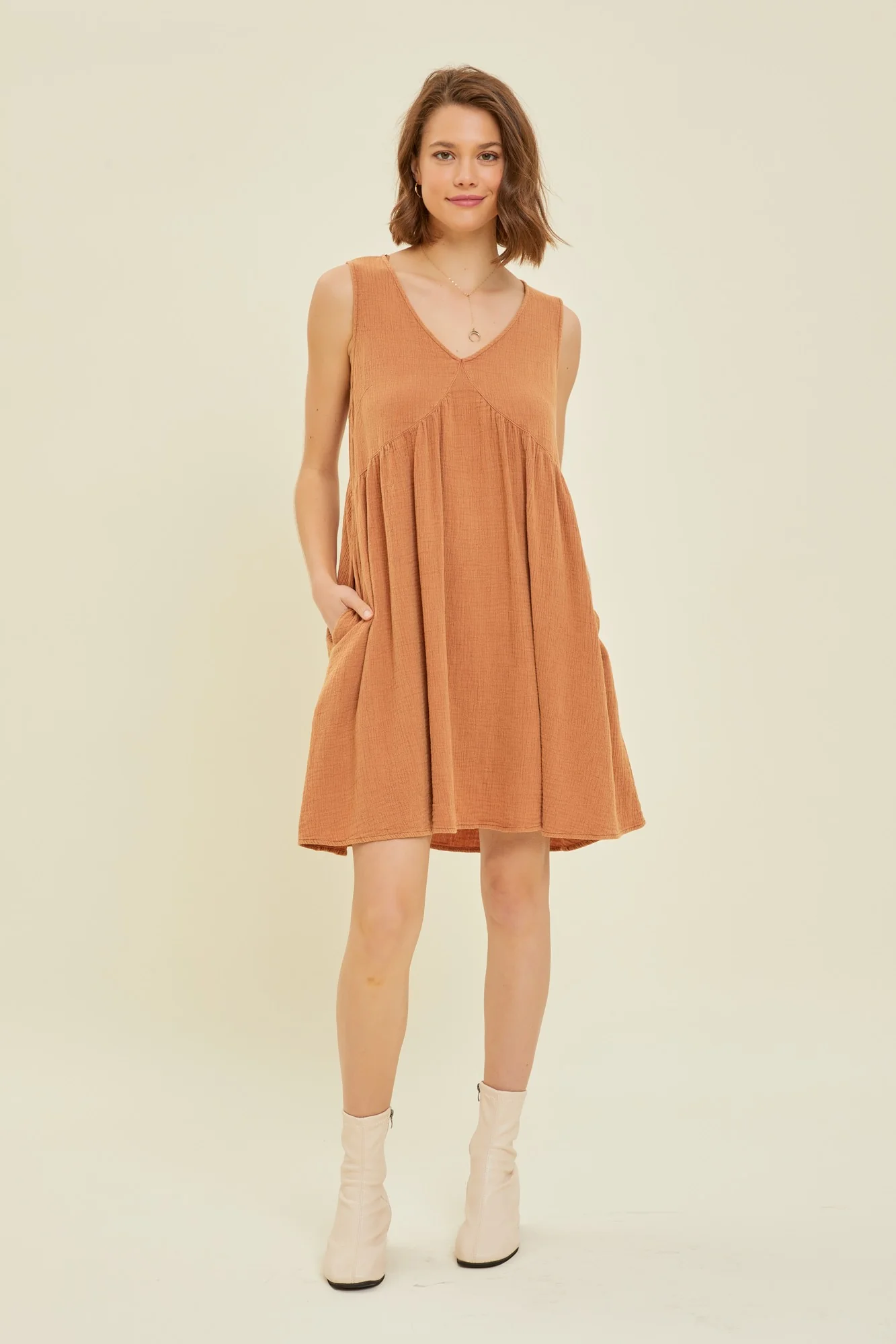 Rust Mineral-Washed Gauze V-Neck Flare Mini