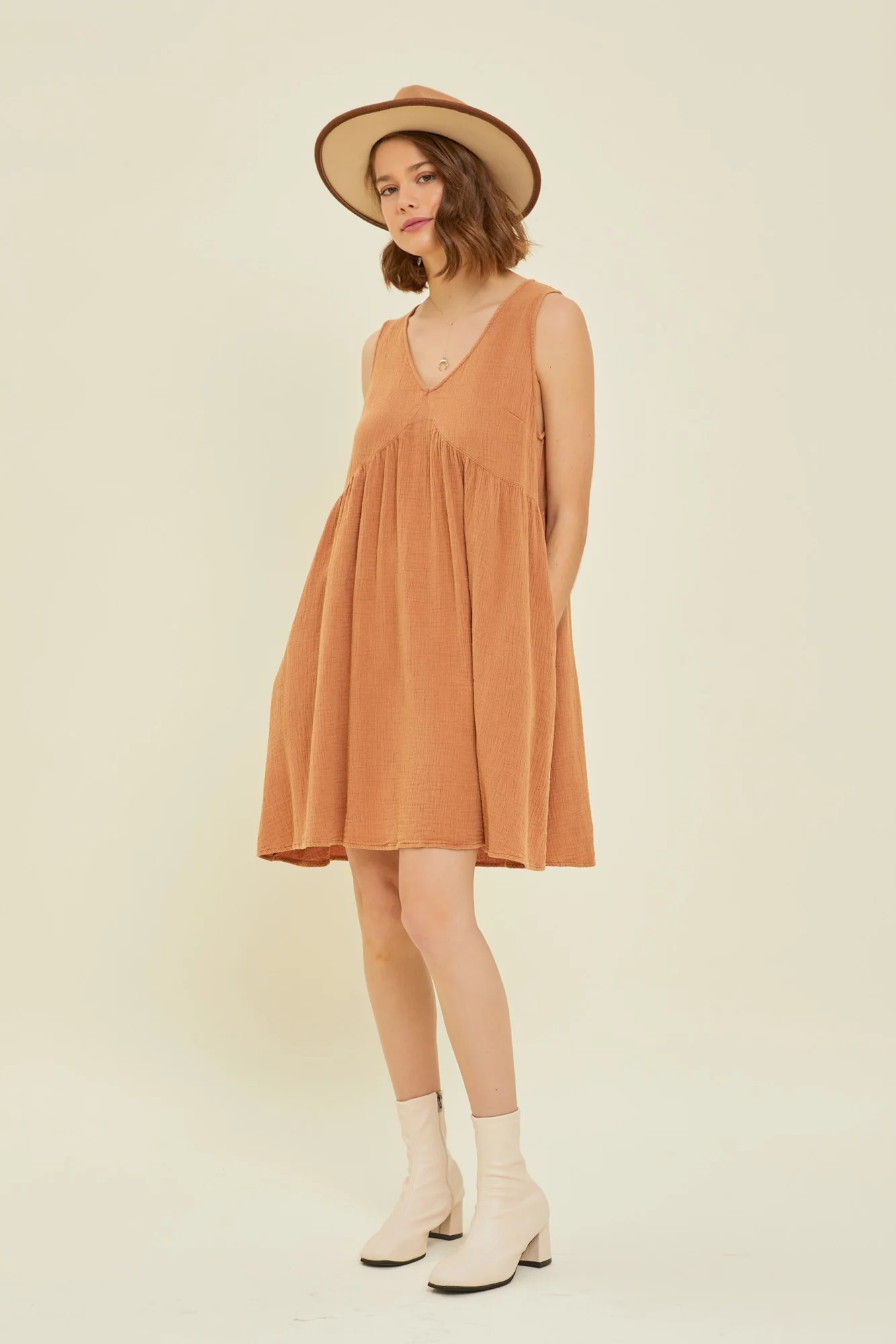 Rust Mineral-Washed Gauze V-Neck Flare Mini - Image 2