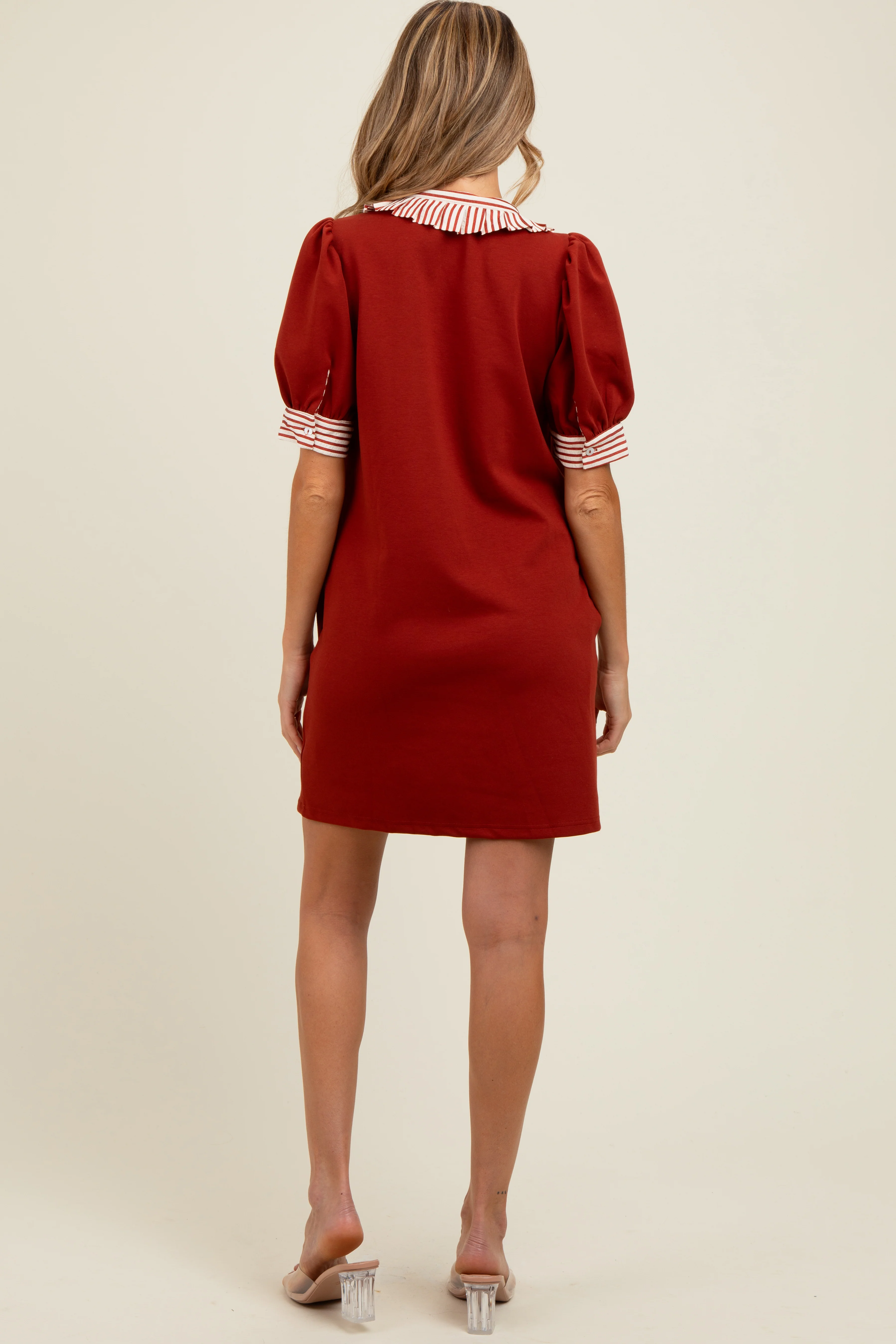 Rust Mock Neck Contrast Striped Trim Maternity Mini Dress - Image 3