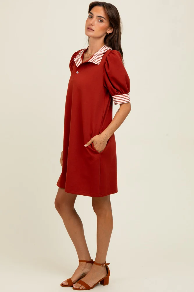 Rust Mock Neck Contrast Striped Trim Mini Dress - Image 3