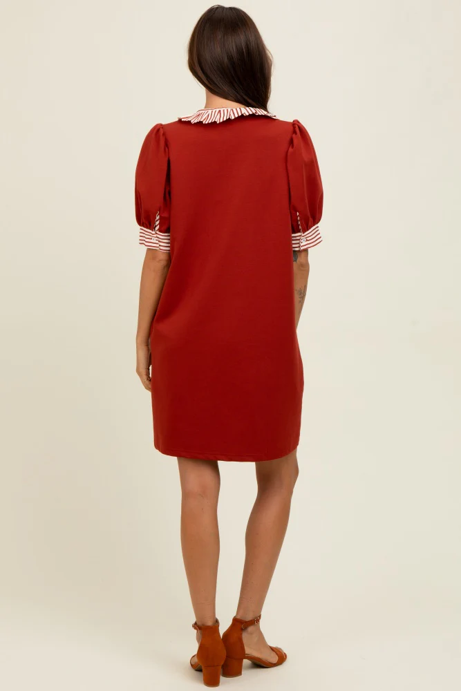 Rust Mock Neck Contrast Striped Trim Mini Dress - Image 4
