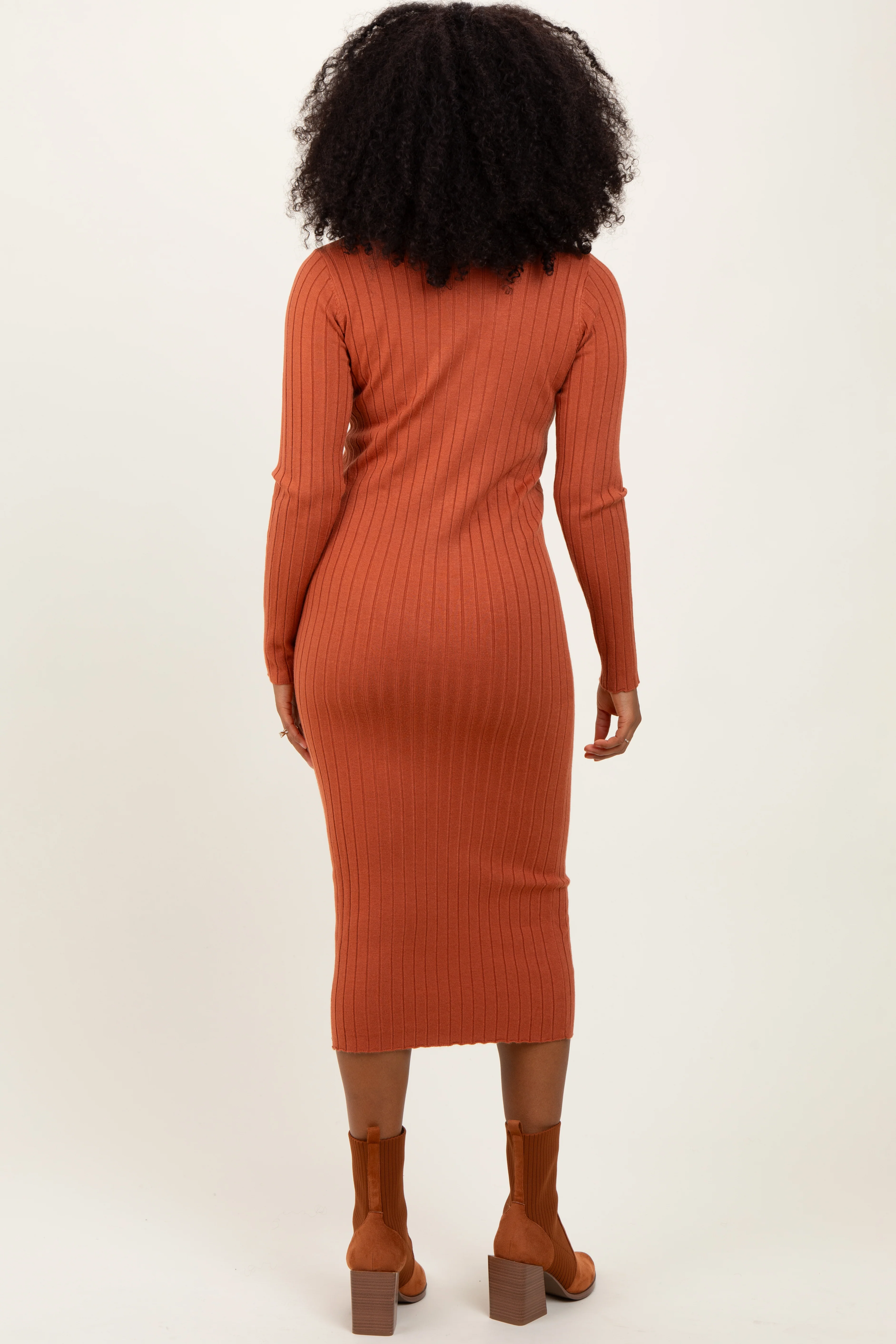 Rust Mock Neck Ribbed Sweater Dress - Image 4