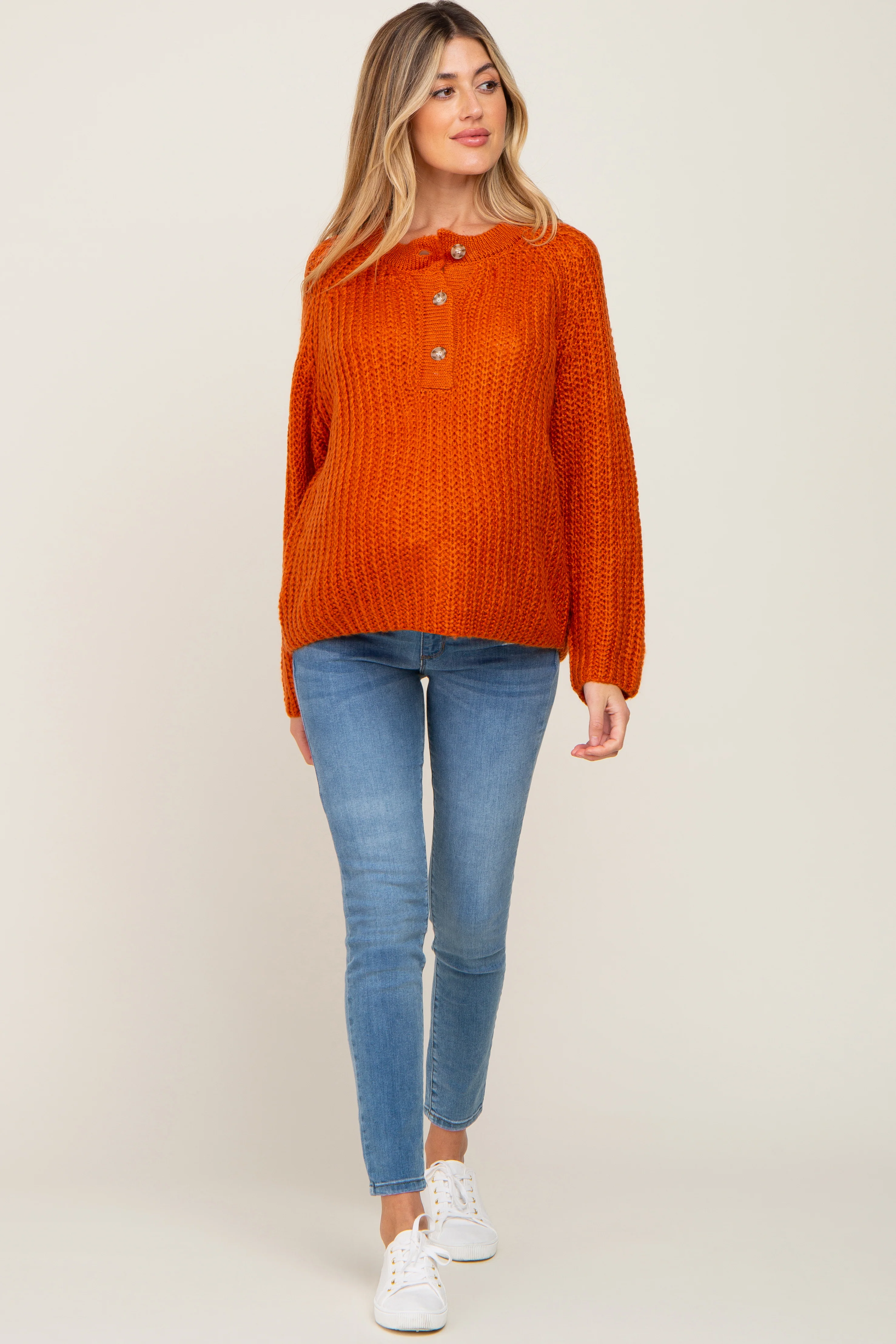 Rust Open Knit Button Front Maternity Sweater - Image 4